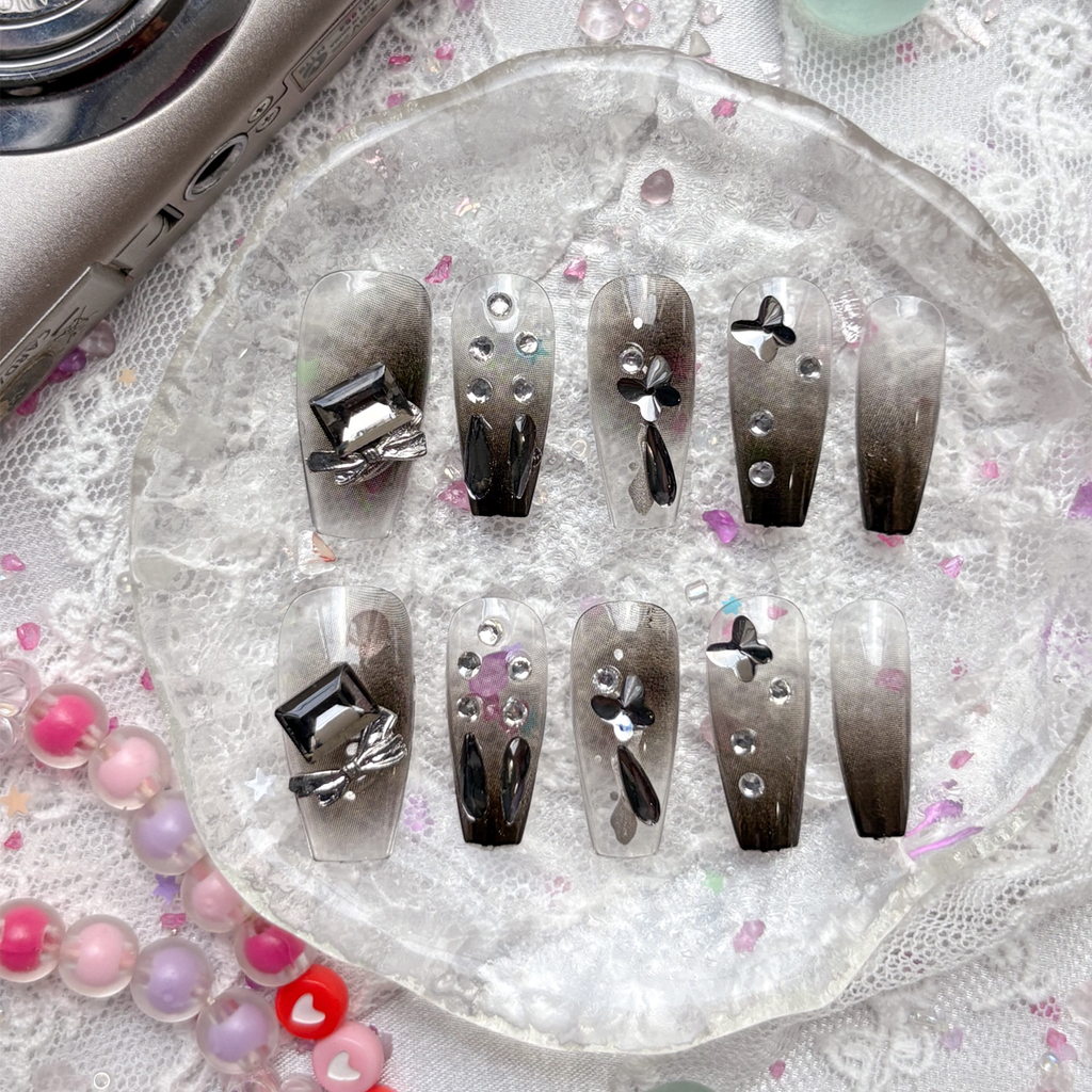 Press-On Nails – Gothic Black Coffin with Silver Rhinestone & 3D Charm Accents | Dark Glam | Wynzy Pops Nails