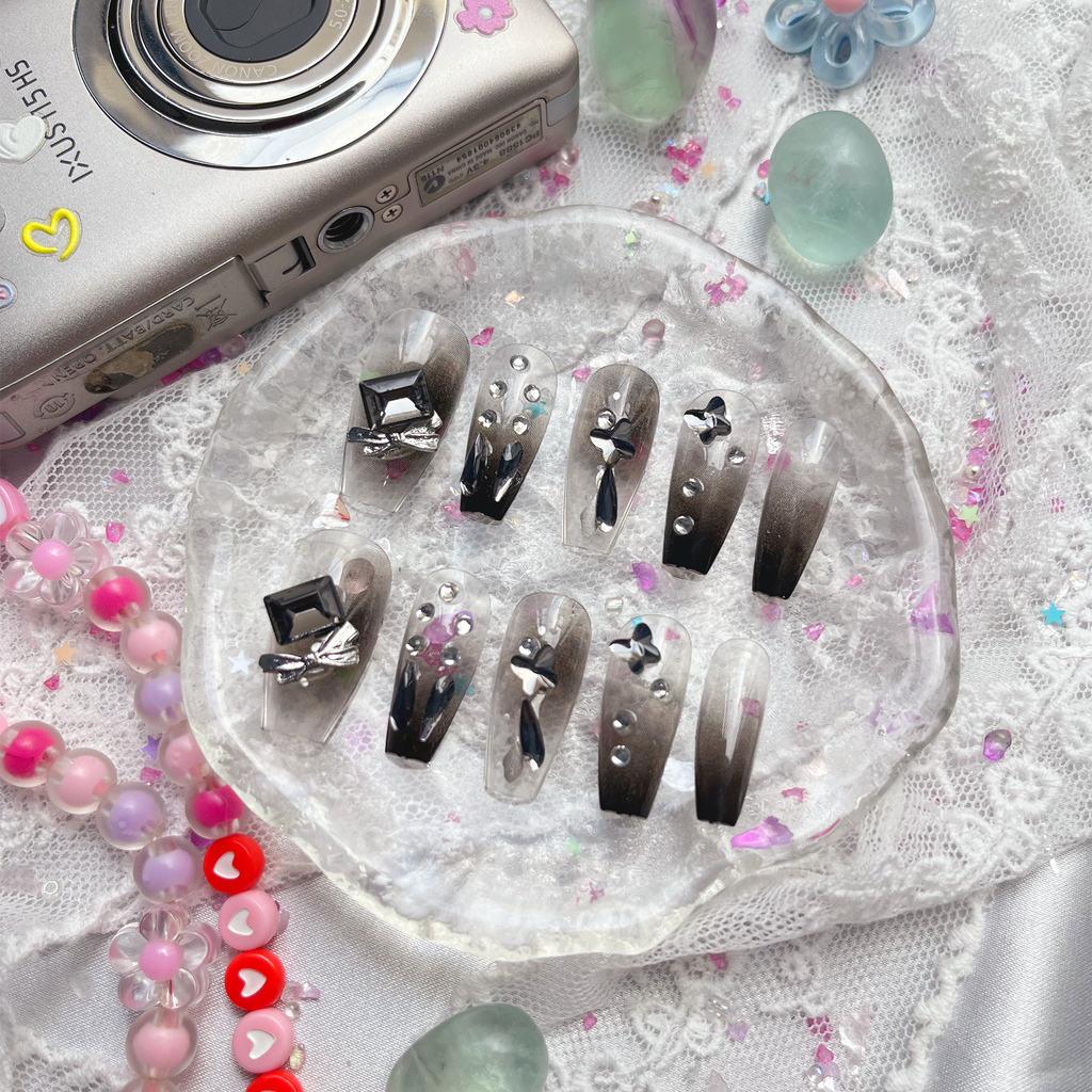 Press-On Nails – Gothic Black Coffin with Silver Rhinestone & 3D Charm Accents | Dark Glam | Wynzy Pops Nails