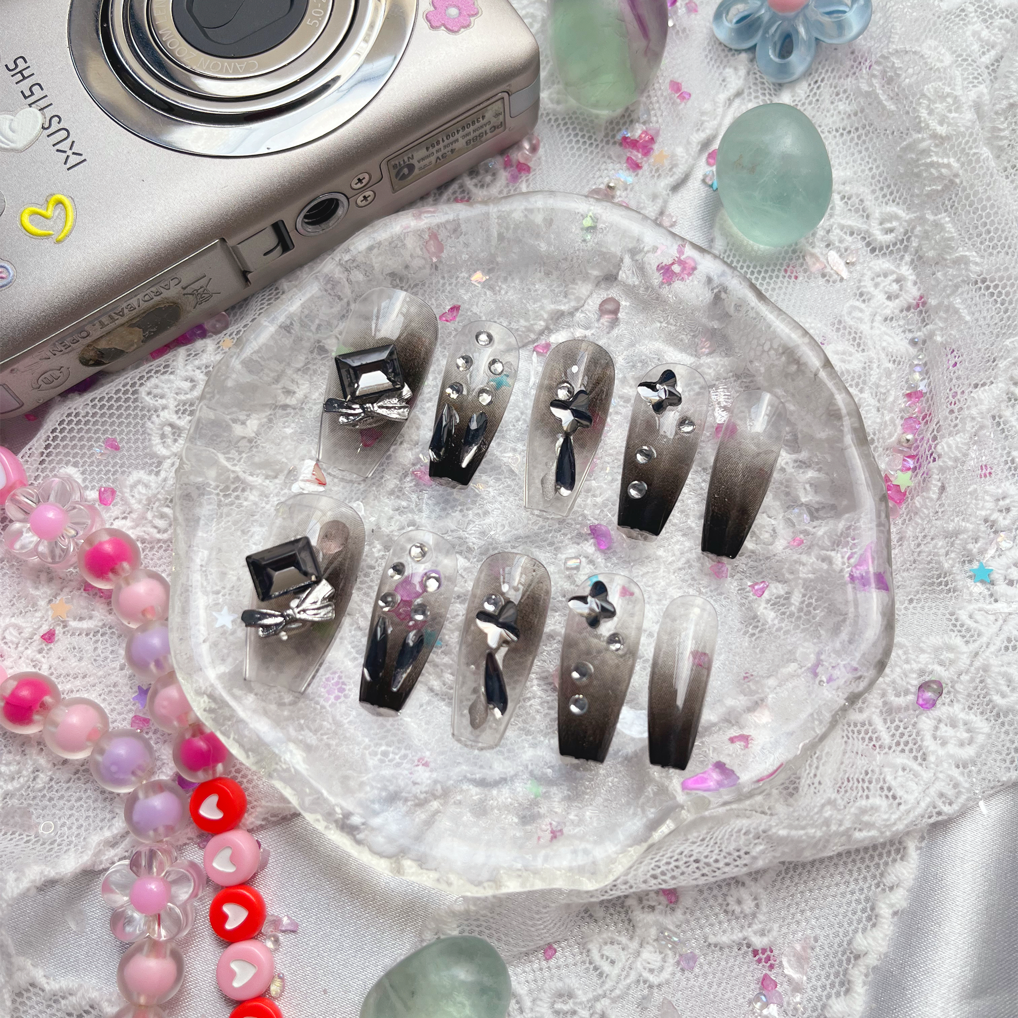 Press-On Nails – Gothic Black Coffin with Silver Rhinestone & 3D Charm Accents | Dark Glam | Wynzy Pops Nails