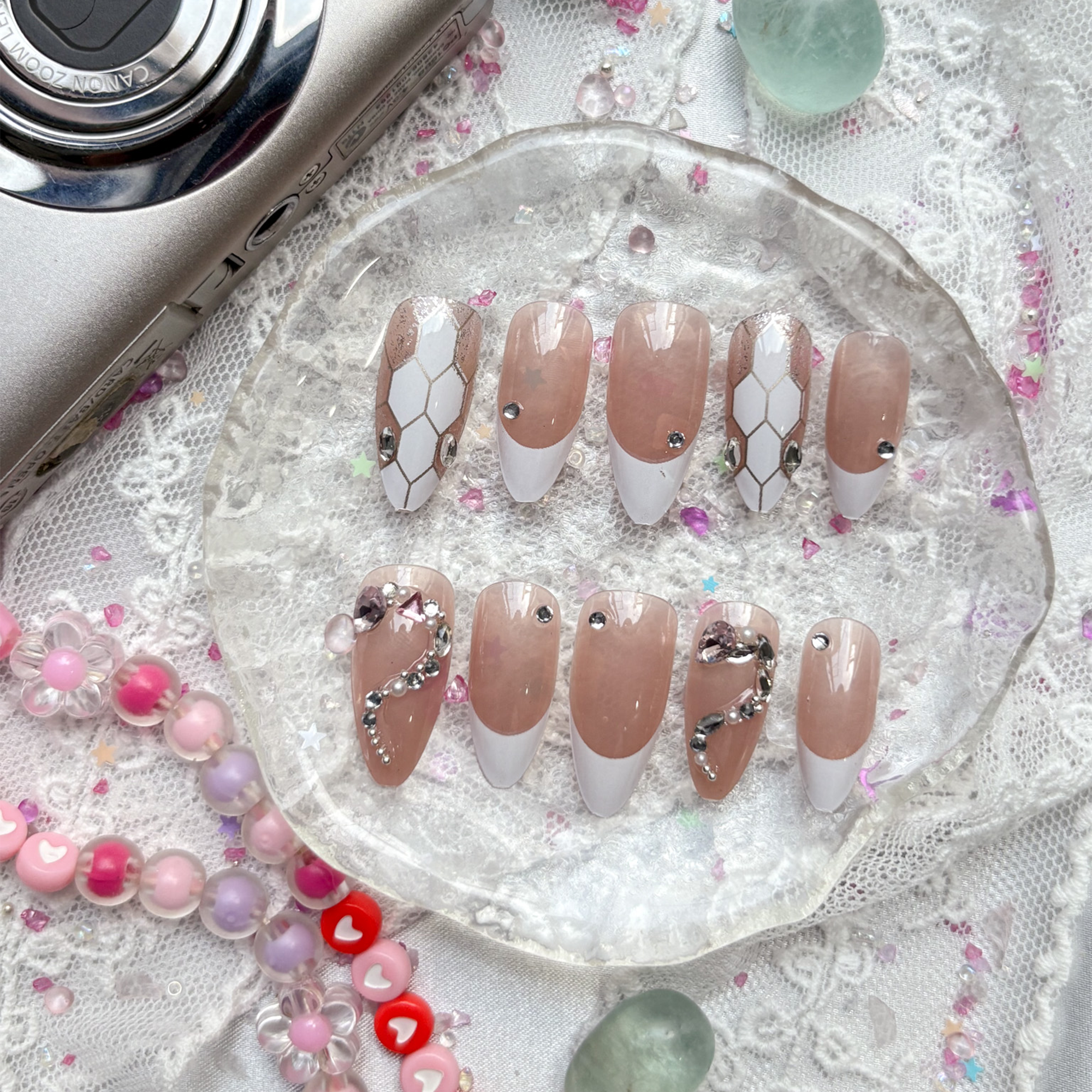 Nude White French Tip Press-On Nails | Rhinestone Long Stiletto Nail Art | Wynzy Pops Nails