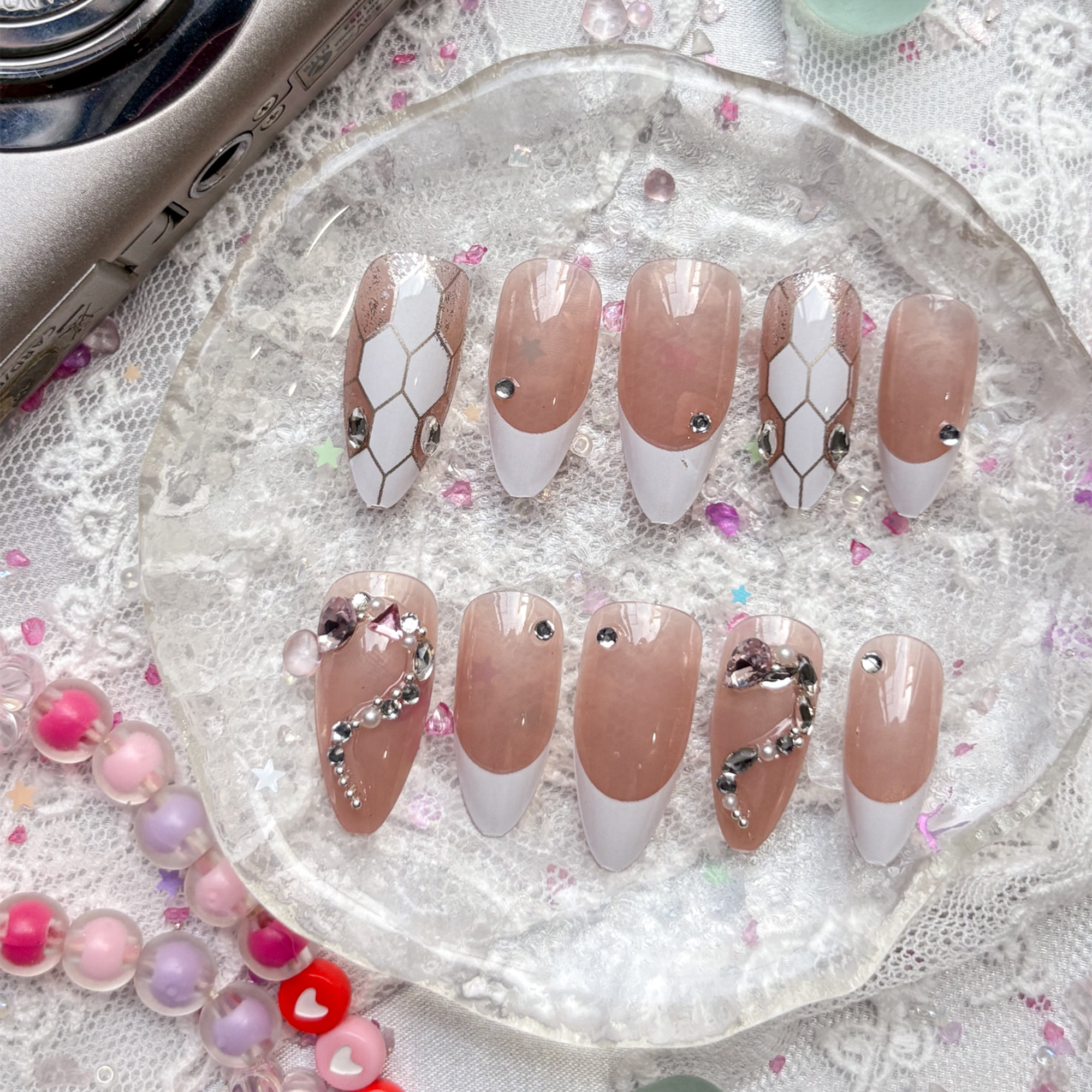 Nude White French Tip Press-On Nails | Rhinestone Long Stiletto Nail Art | Wynzy Pops Nails