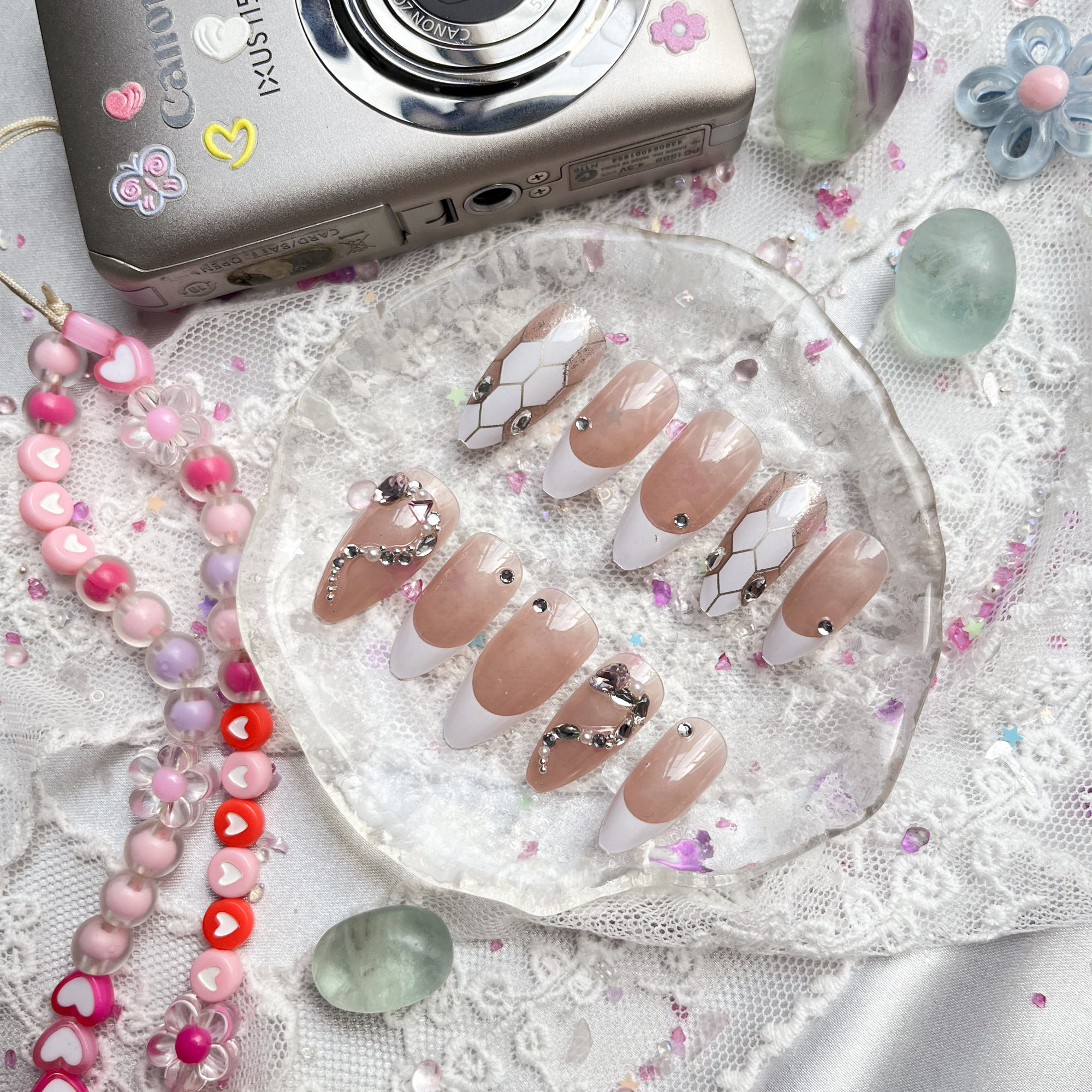 Nude White French Tip Press-On Nails | Rhinestone Long Stiletto Nail Art | Wynzy Pops Nails