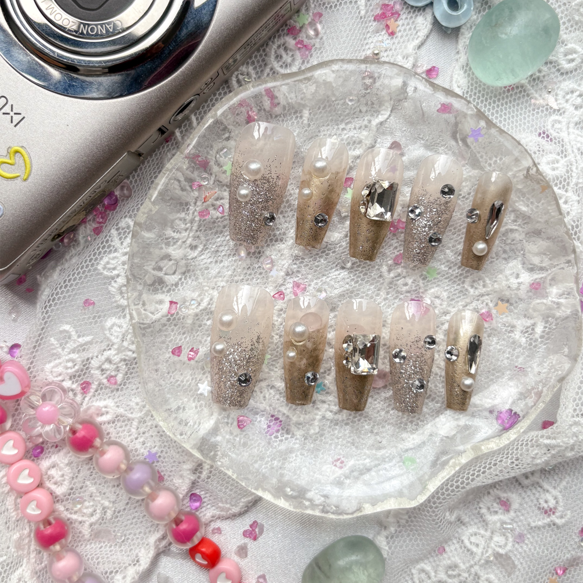 Press-On Nails – Gold Glitter with Pearls & Rhinestones | Elegant Clear Tip Coffin Set | Wynzy Pops Nails