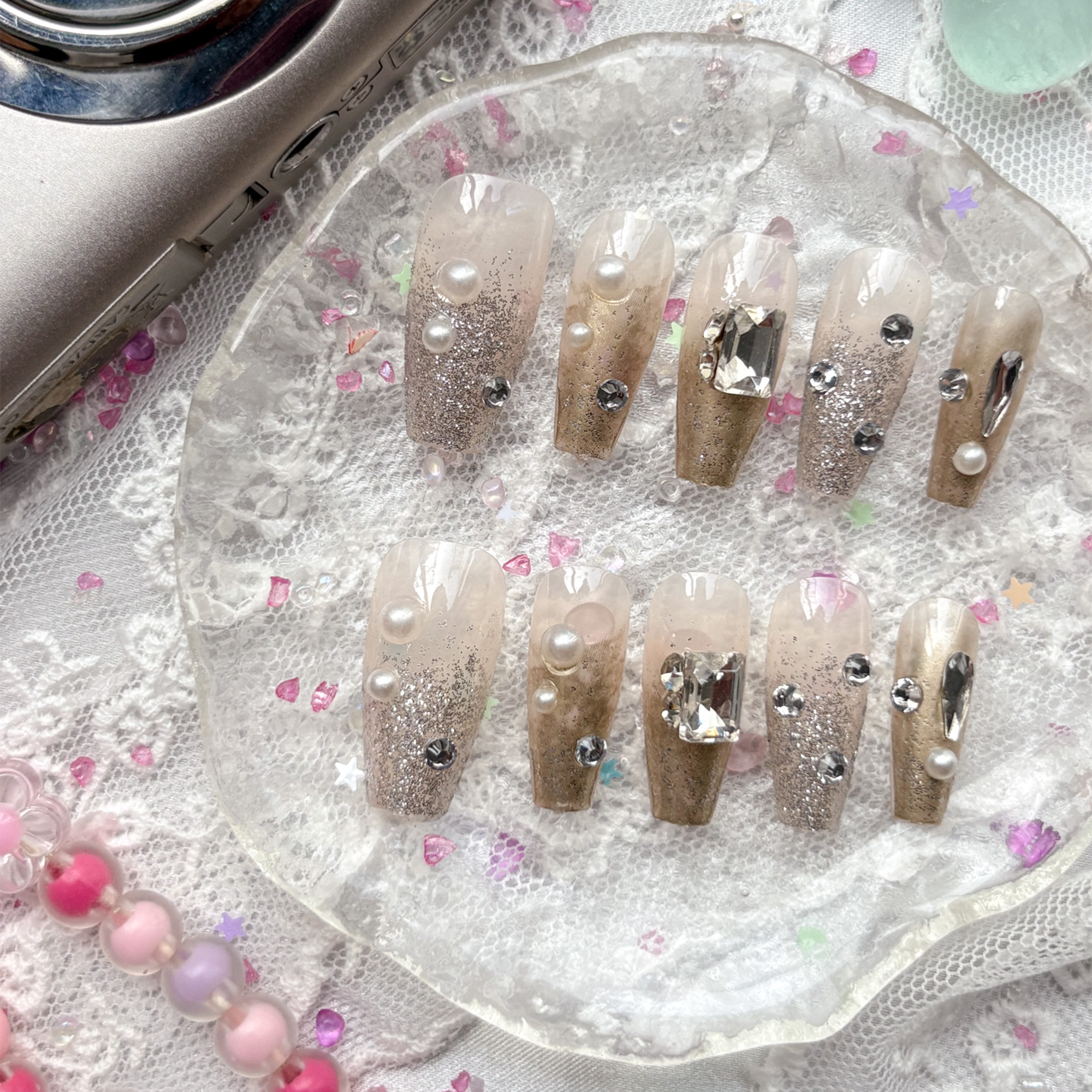 Press-On Nails – Gold Glitter with Pearls & Rhinestones | Elegant Clear Tip Coffin Set | Wynzy Pops Nails
