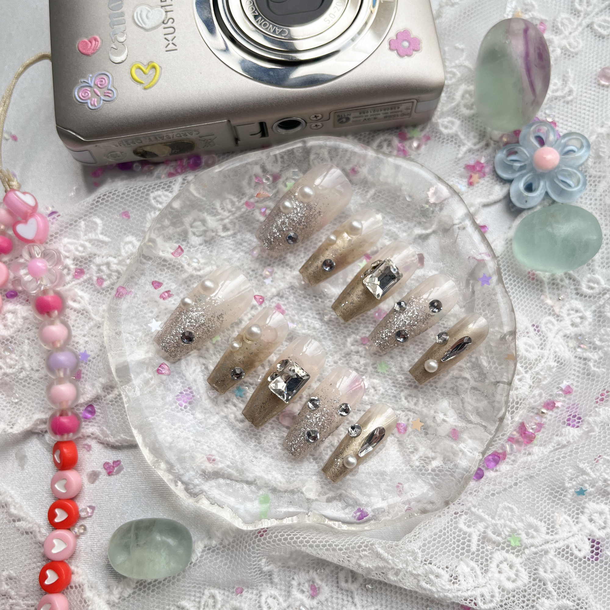 Press-On Nails – Gold Glitter with Pearls & Rhinestones | Elegant Clear Tip Coffin Set | Wynzy Pops Nails