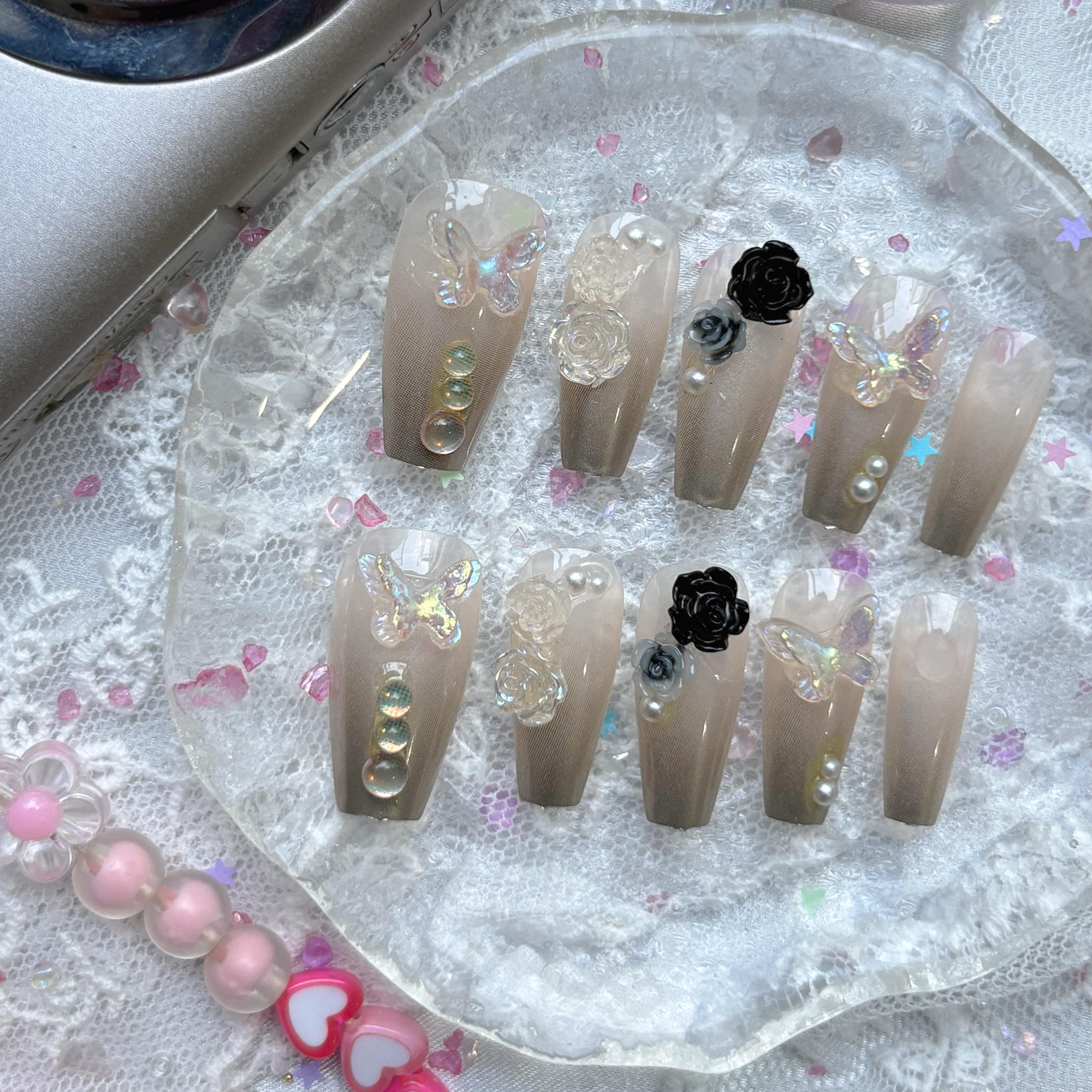Pearl Chrome Press On Nails | 3D Rose & Butterfly Charms | Opal Gem Accents | Romantic Nail Trend 2025 | Long Coffin Shape