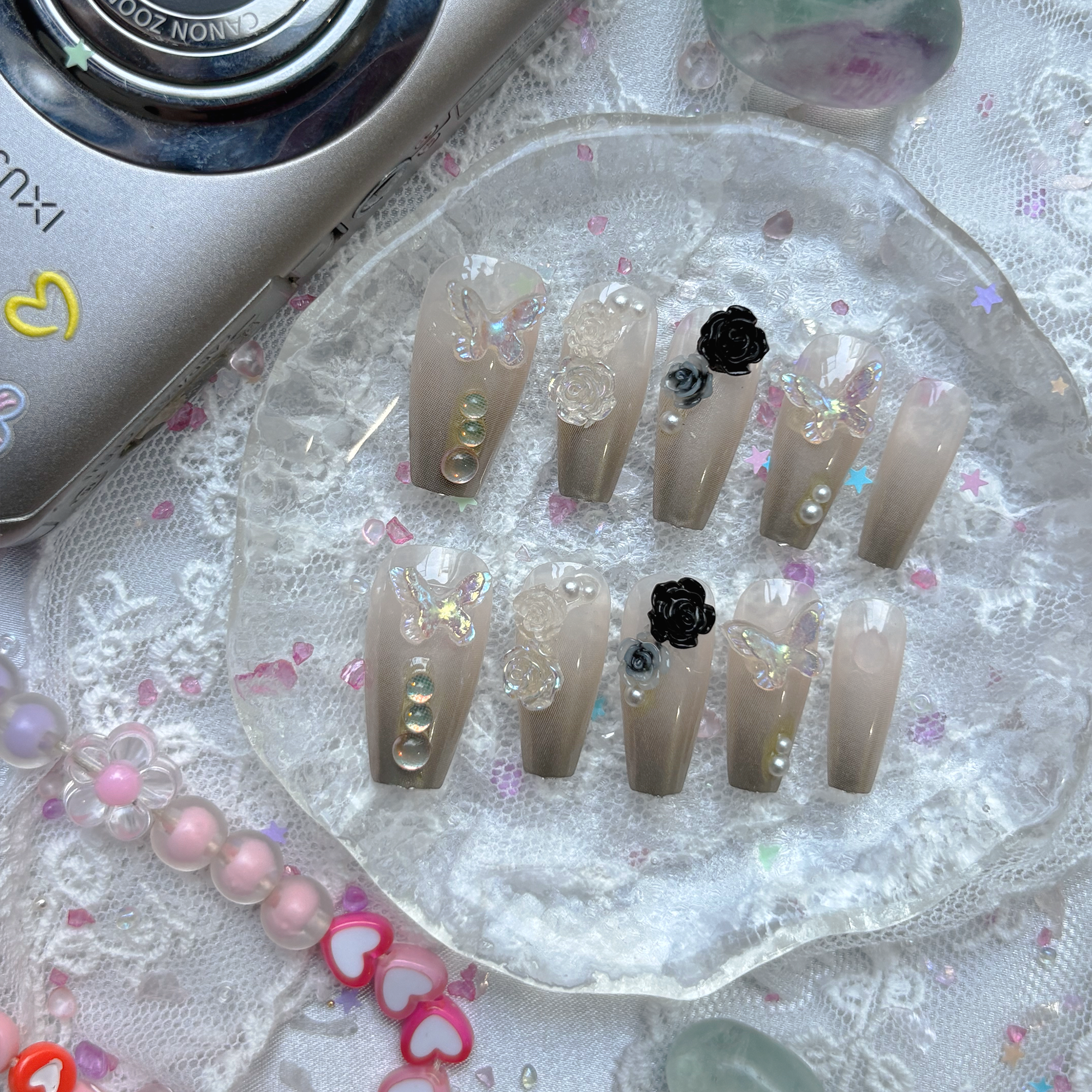 Pearl Chrome Press On Nails | 3D Rose & Butterfly Charms | Opal Gem Accents | Romantic Nail Trend 2025 | Long Coffin Shape