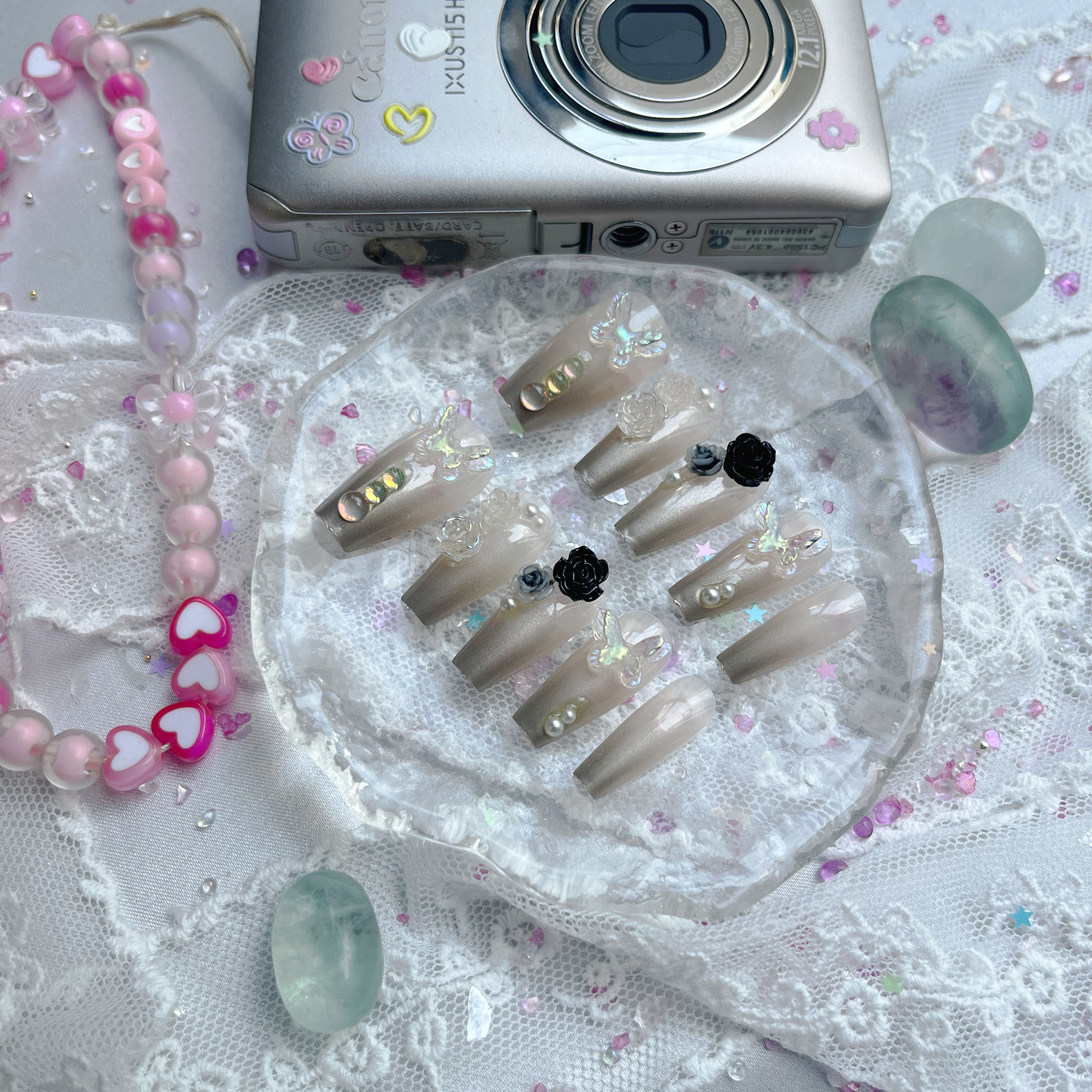 Pearl Chrome Press On Nails | 3D Rose & Butterfly Charms | Opal Gem Accents | Romantic Nail Trend 2025 | Long Coffin Shape