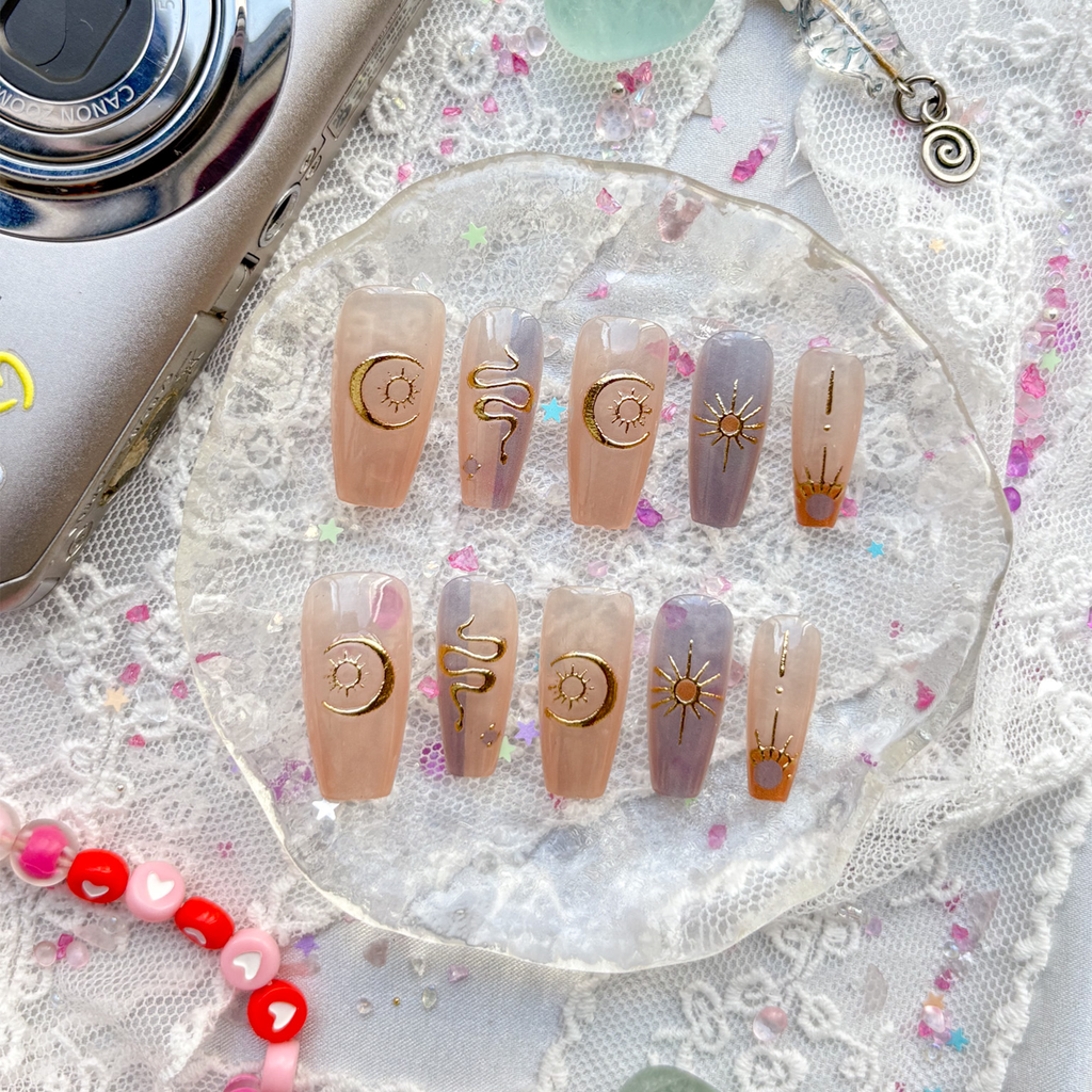 Press-On Nails – Nude & Lavender with Gold Moon, Sun & Snake Foil Nail Art | Wynzy Pops Nails