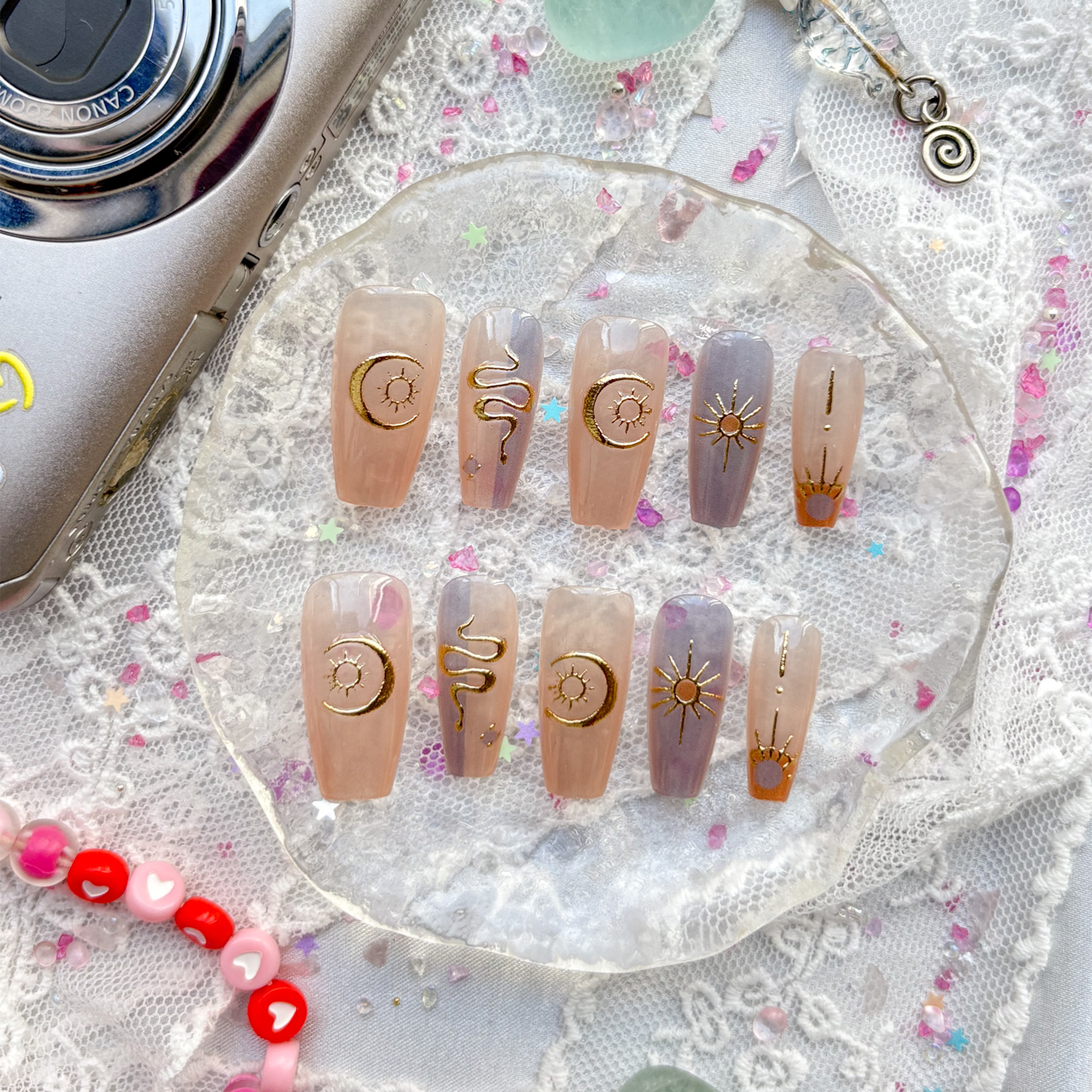 Press-On Nails – Nude & Lavender with Gold Moon, Sun & Snake Foil Nail Art | Wynzy Pops Nails