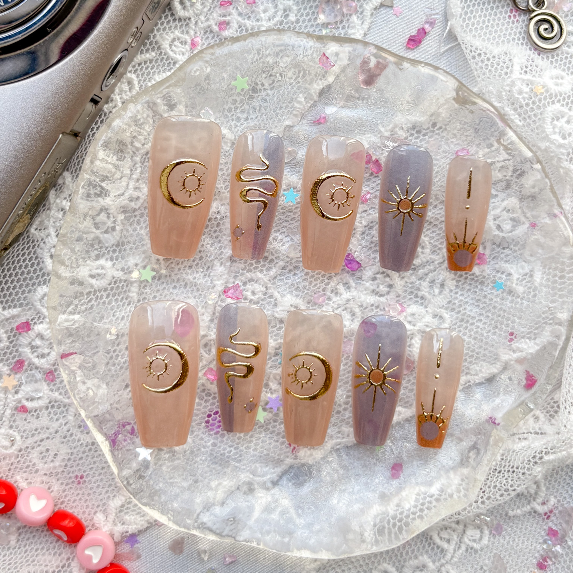 Press-On Nails – Nude & Lavender with Gold Moon, Sun & Snake Foil Nail Art | Wynzy Pops Nails