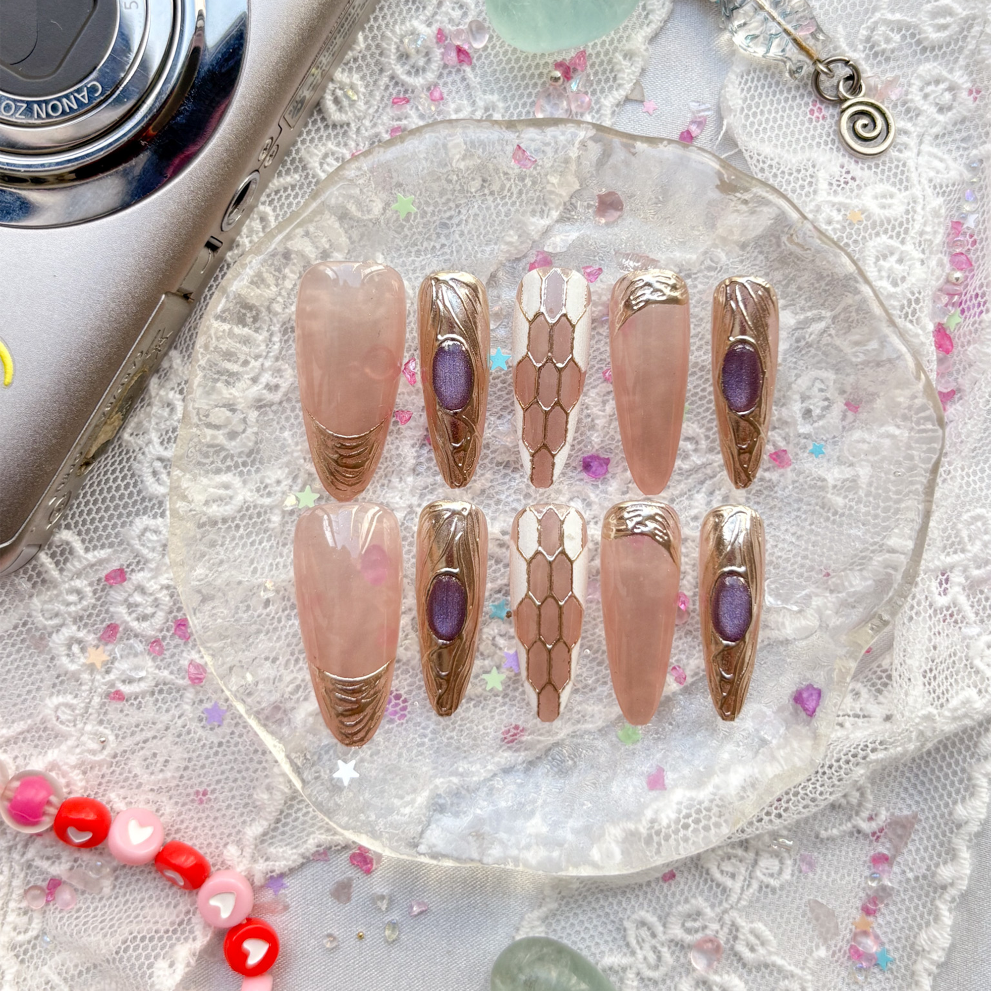 Custom Press-On Nails – Long Almond Nude with Handmade Gold 3D Art & Luxury Accents | Wynzy Pops Nails