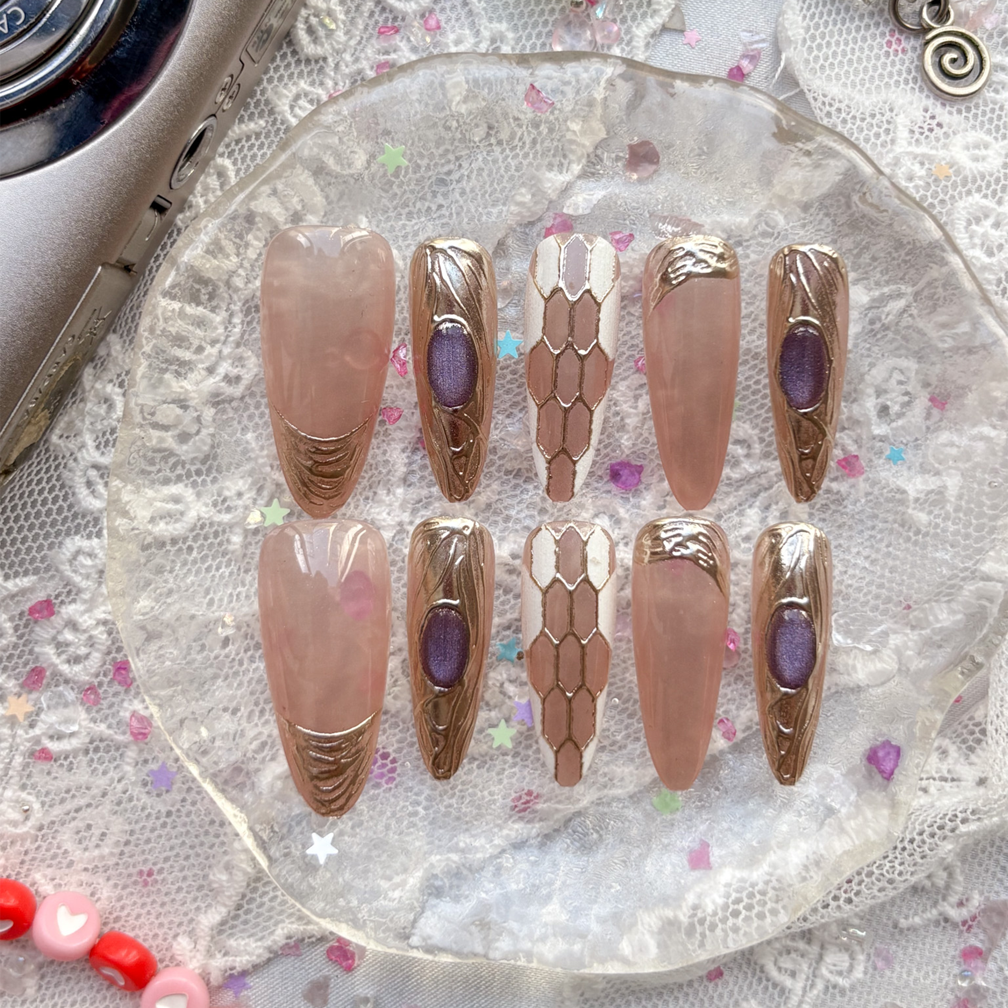Custom Press-On Nails – Long Almond Nude with Handmade Gold 3D Art & Luxury Accents | Wynzy Pops Nails