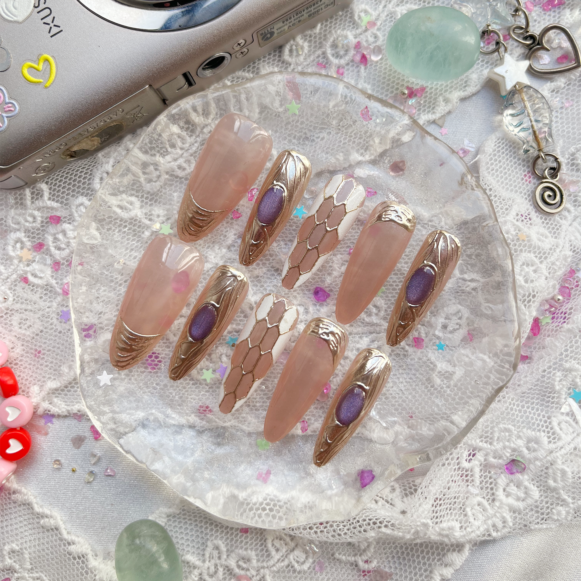 Custom Press-On Nails – Long Almond Nude with Handmade Gold 3D Art & Luxury Accents | Wynzy Pops Nails