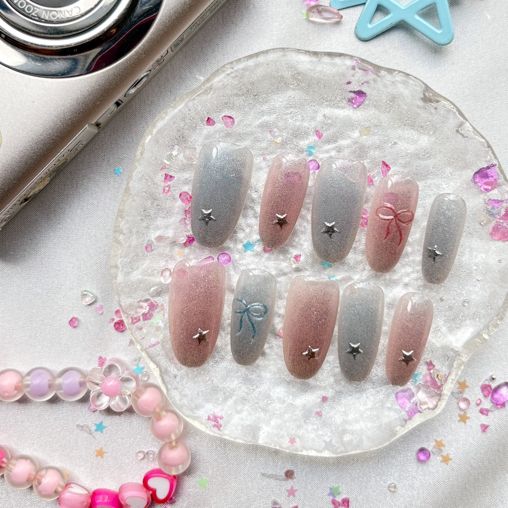 Custom Press-On Nails – Pastel Blue & Pink Glitter Ombre with Star Charms & Bow Details | Soft Coquette Aesthetic | Wynzy Pops Nails