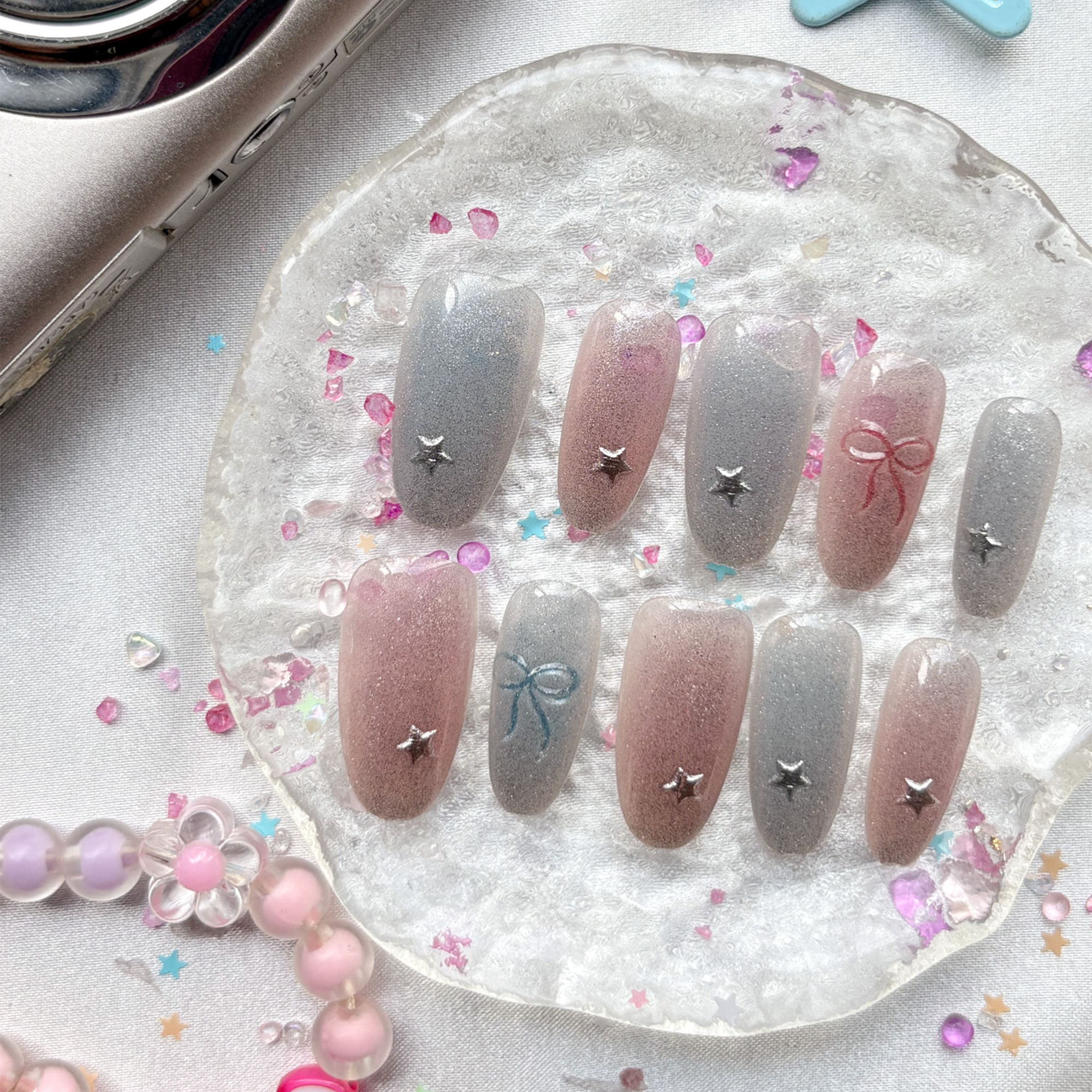 Custom Press-On Nails – Pastel Blue & Pink Glitter Ombre with Star Charms & Bow Details | Soft Coquette Aesthetic | Wynzy Pops Nails