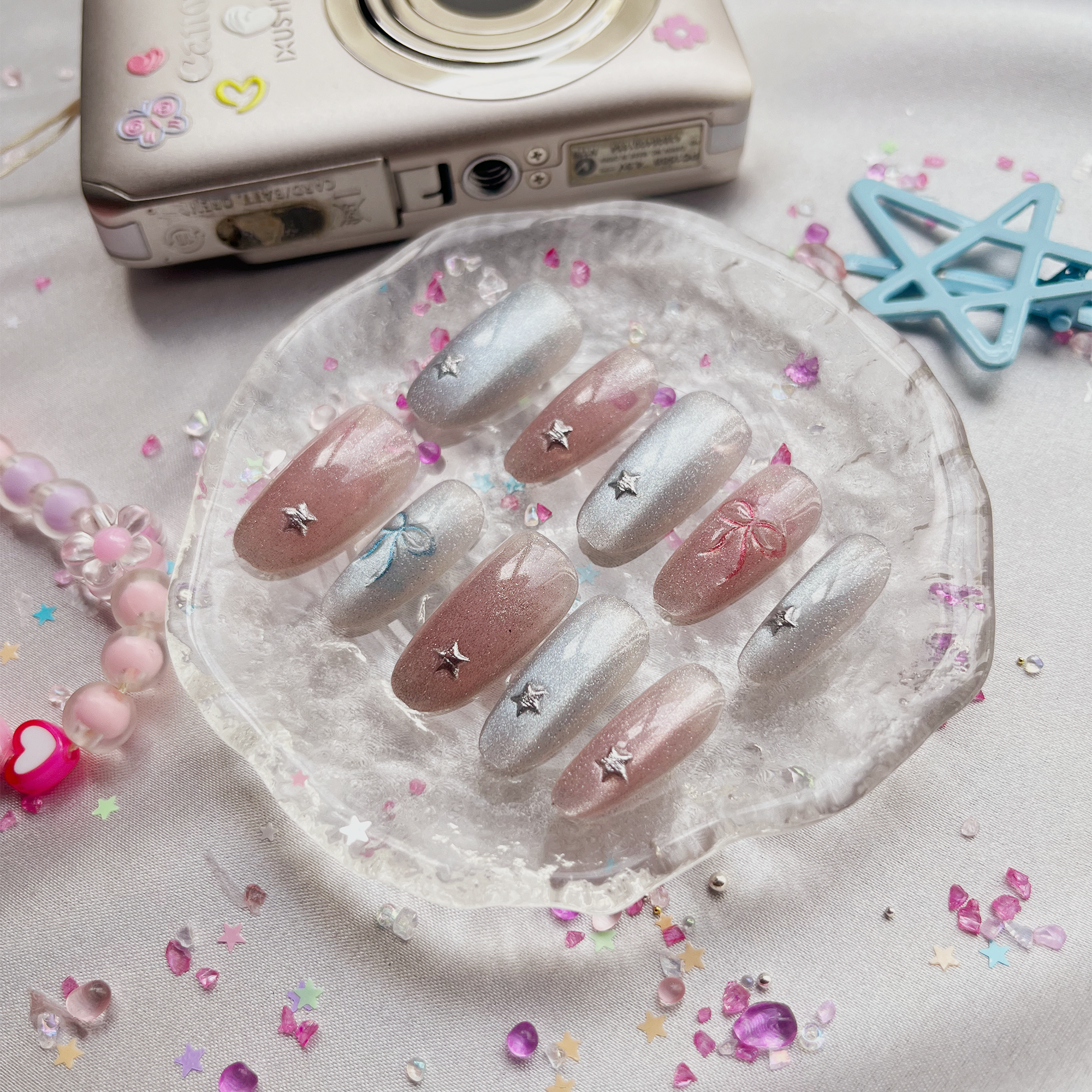 Custom Press-On Nails – Pastel Blue & Pink Glitter Ombre with Star Charms & Bow Details | Soft Coquette Aesthetic | Wynzy Pops Nails