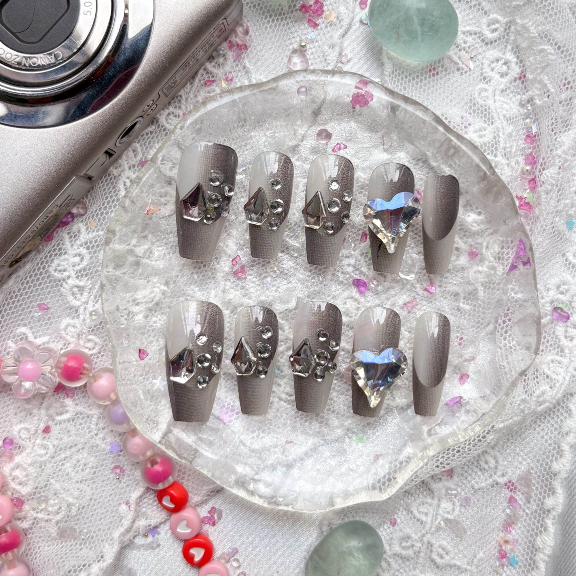 Press-On Nails – Gray Coffin with 3D Rhinestone & Heart Accents | Glam Luxury Nail Art | Wynzy Pops Nails
