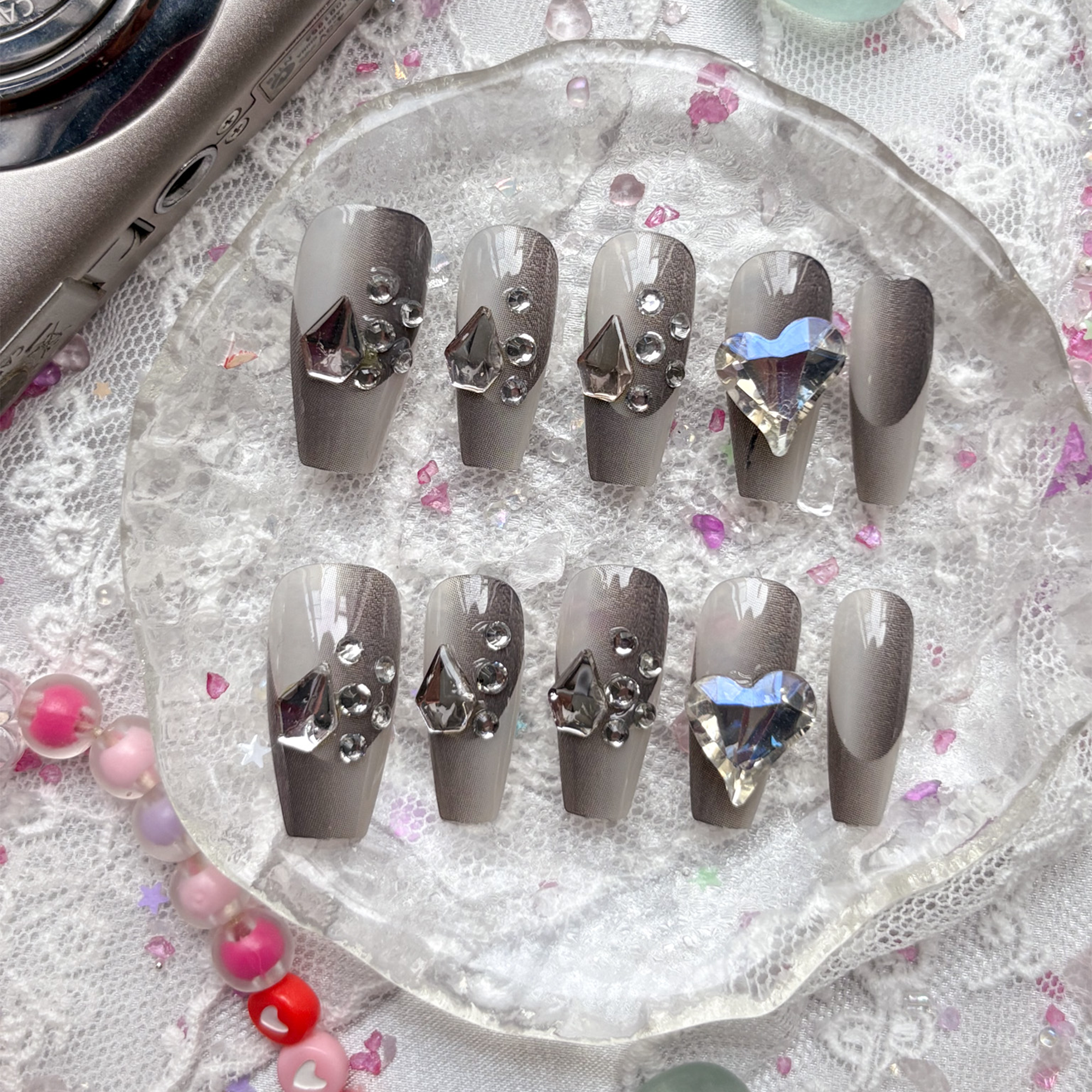 Press-On Nails – Gray Coffin with 3D Rhinestone & Heart Accents | Glam Luxury Nail Art | Wynzy Pops Nails