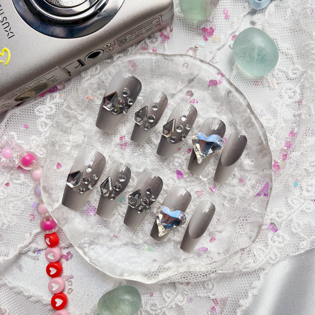 Press-On Nails – Gray Coffin with 3D Rhinestone & Heart Accents | Glam Luxury Nail Art | Wynzy Pops Nails