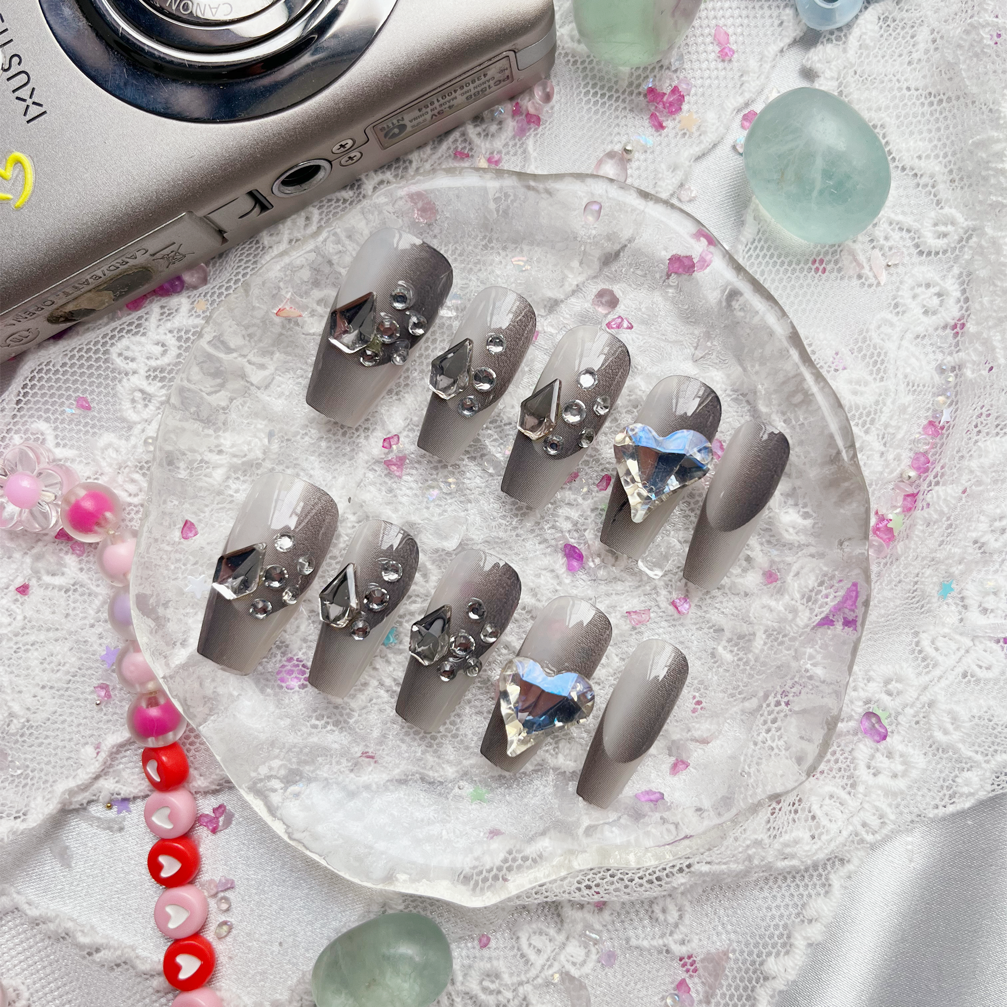 Press-On Nails – Gray Coffin with 3D Rhinestone & Heart Accents | Glam Luxury Nail Art | Wynzy Pops Nails