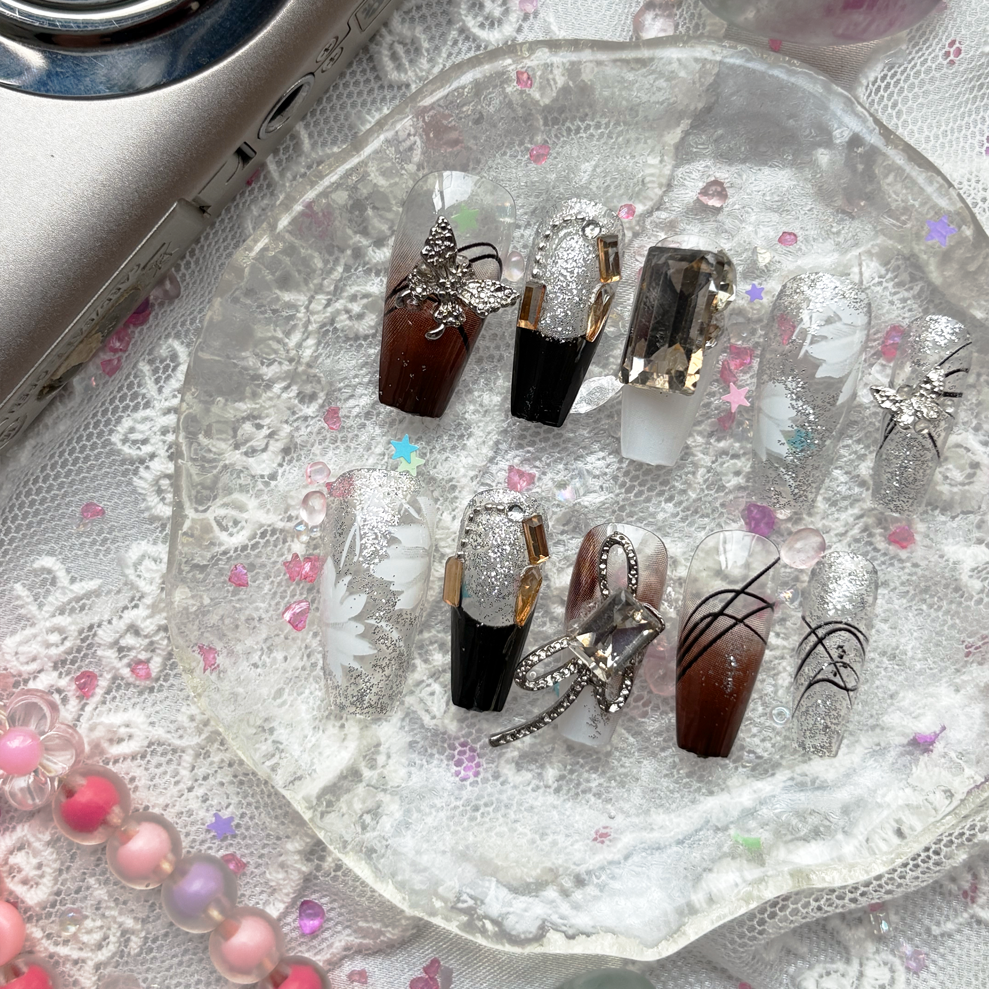 Press-On Nails – Luxury Butterfly Coffin with Rhinestone & Silver Glitter Accents | Handmade Nail Art | Wynzy Pops Nails