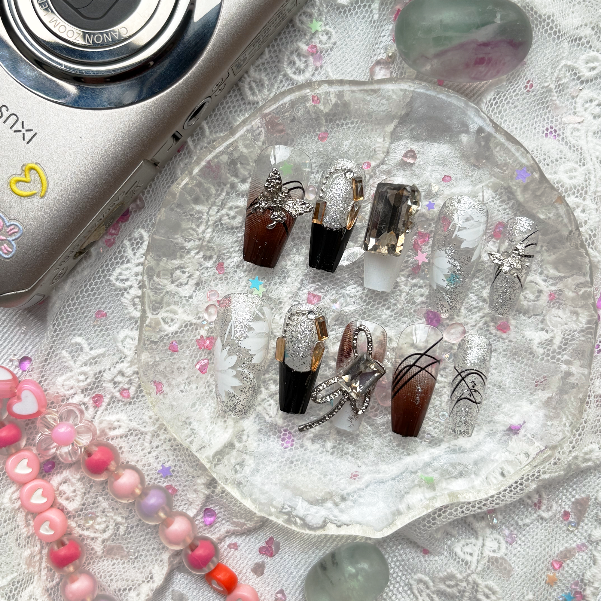 Press-On Nails – Luxury Butterfly Coffin with Rhinestone & Silver Glitter Accents | Handmade Nail Art | Wynzy Pops Nails