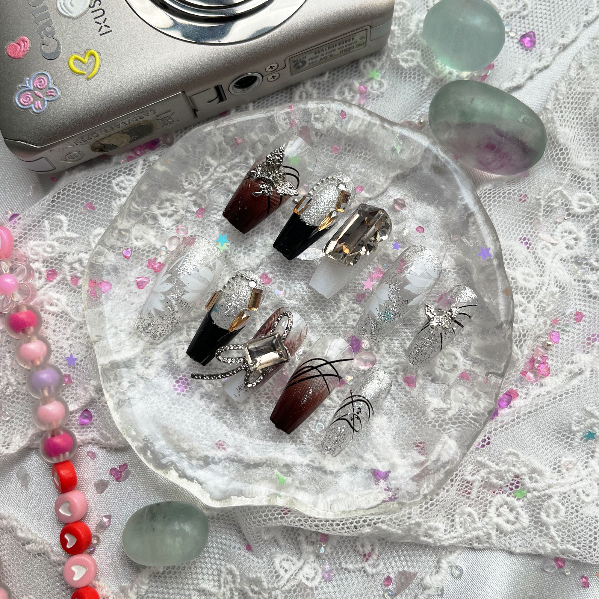 Press-On Nails – Luxury Butterfly Coffin with Rhinestone & Silver Glitter Accents | Handmade Nail Art | Wynzy Pops Nails