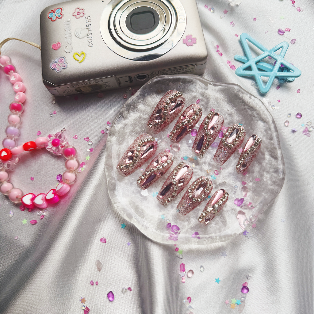 Press-On Nails – Long Coffin Pink Glitter with Silver Rhinestone Outline & Large Gem Accents | Wynzy Pops Nails