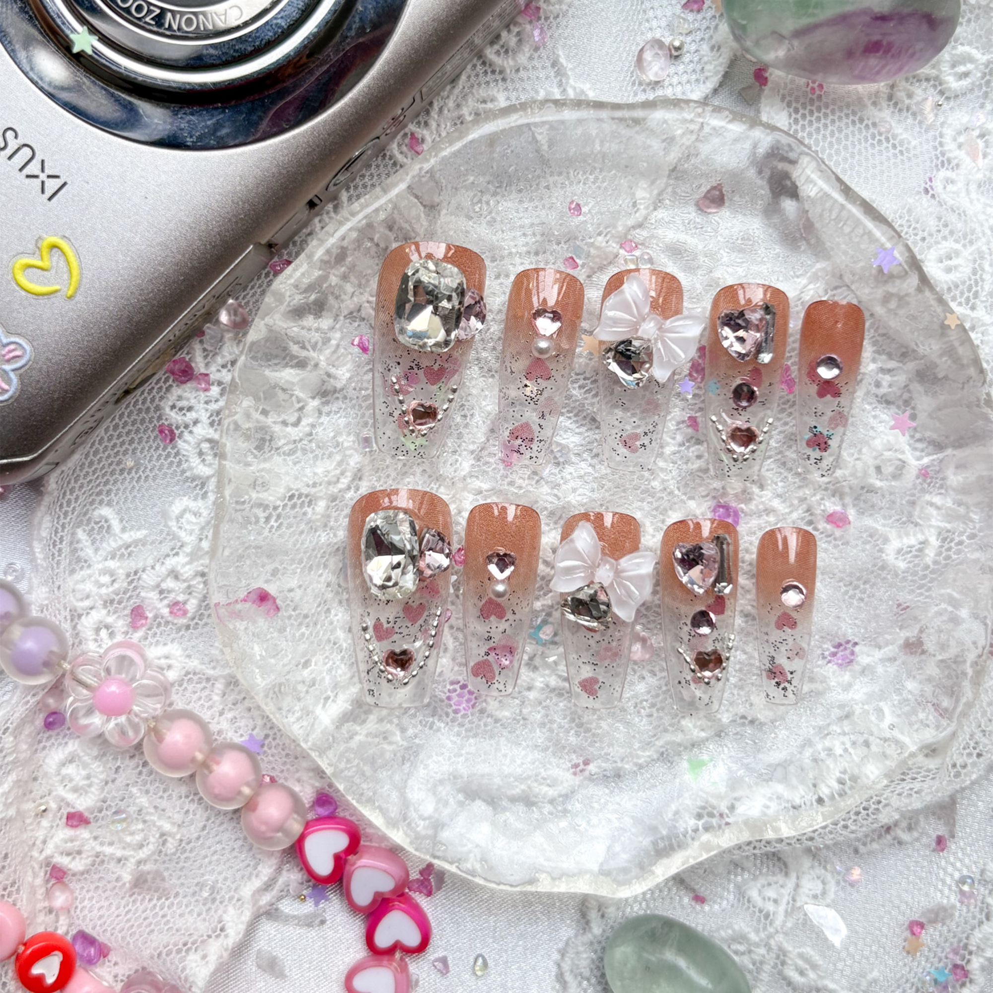 Luxury 3D Heart Charm Press-On Nails – Glitter Clear Tips with Rhinestone & Bow Accents