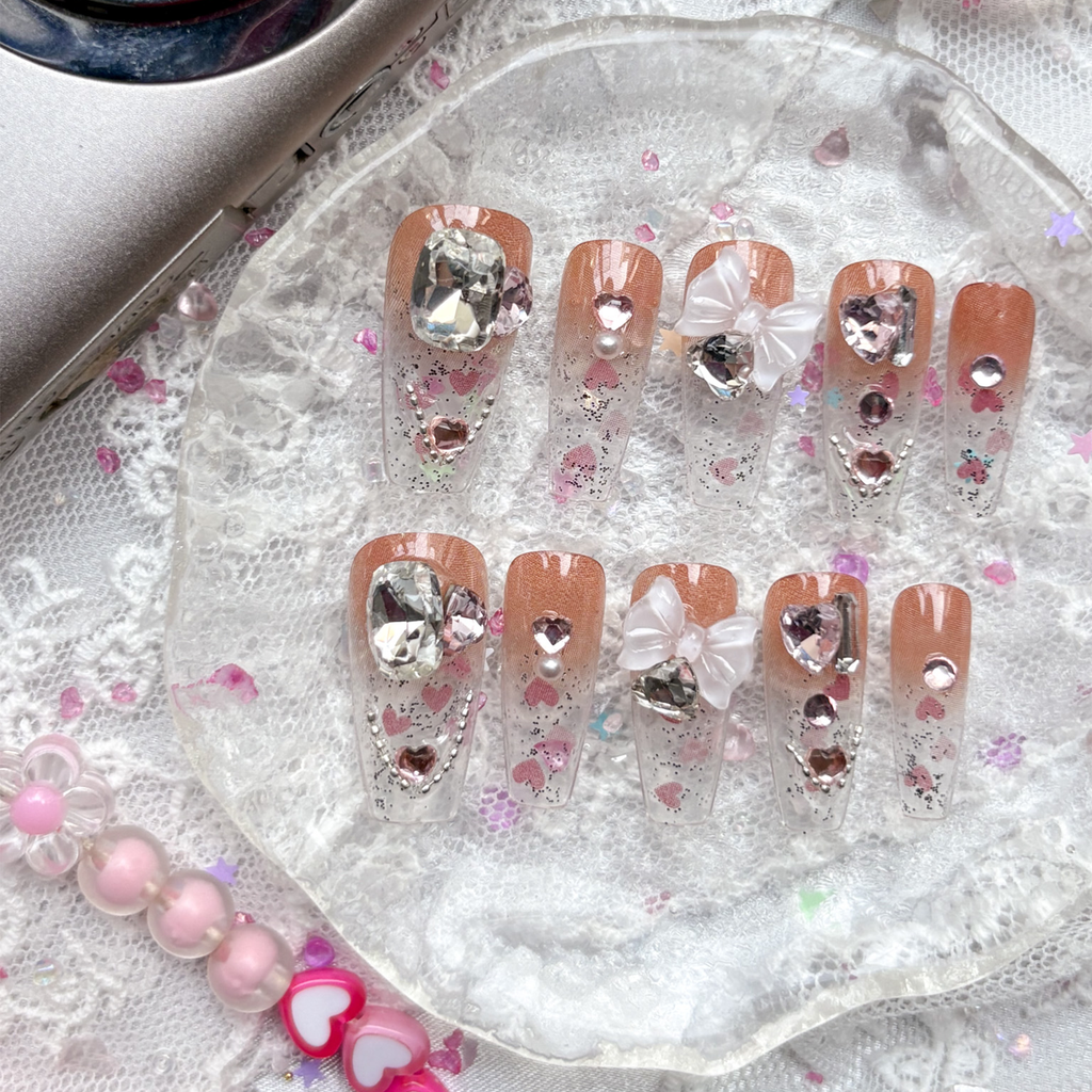 Luxury 3D Heart Charm Press-On Nails – Glitter Clear Tips with Rhinestone & Bow Accents