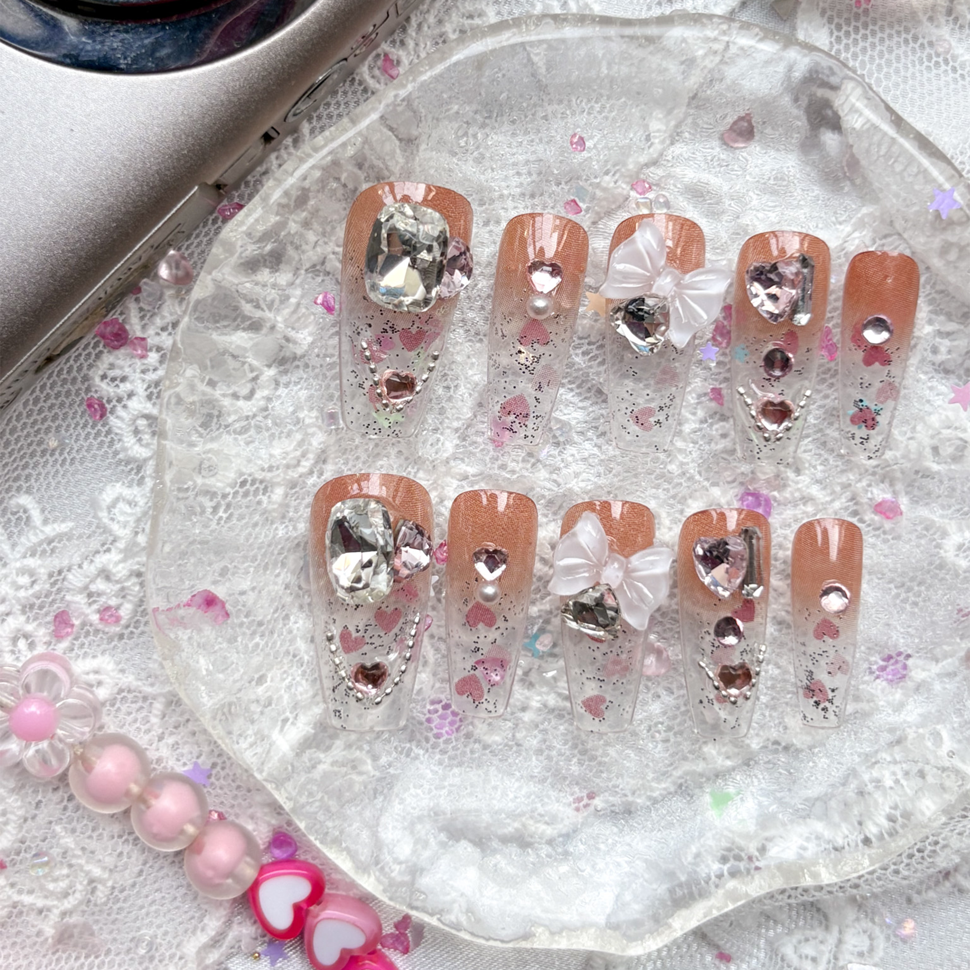 Luxury 3D Heart Charm Press-On Nails – Glitter Clear Tips with Rhinestone & Bow Accents