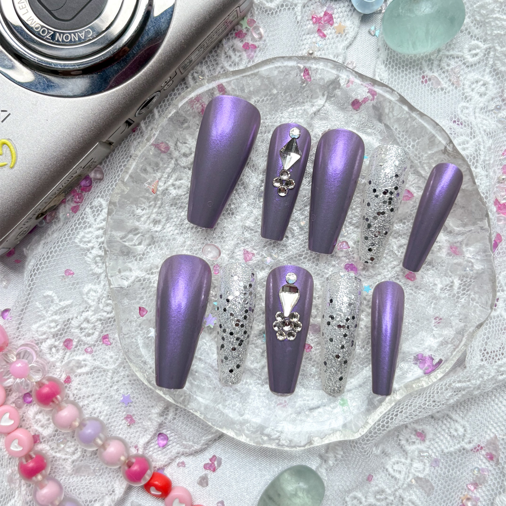 Press-On Nails – Purple Glitter Coffin with Rhinestone Accents | Non-Custom Handmade Nail Art | Wynzy Pops Nails