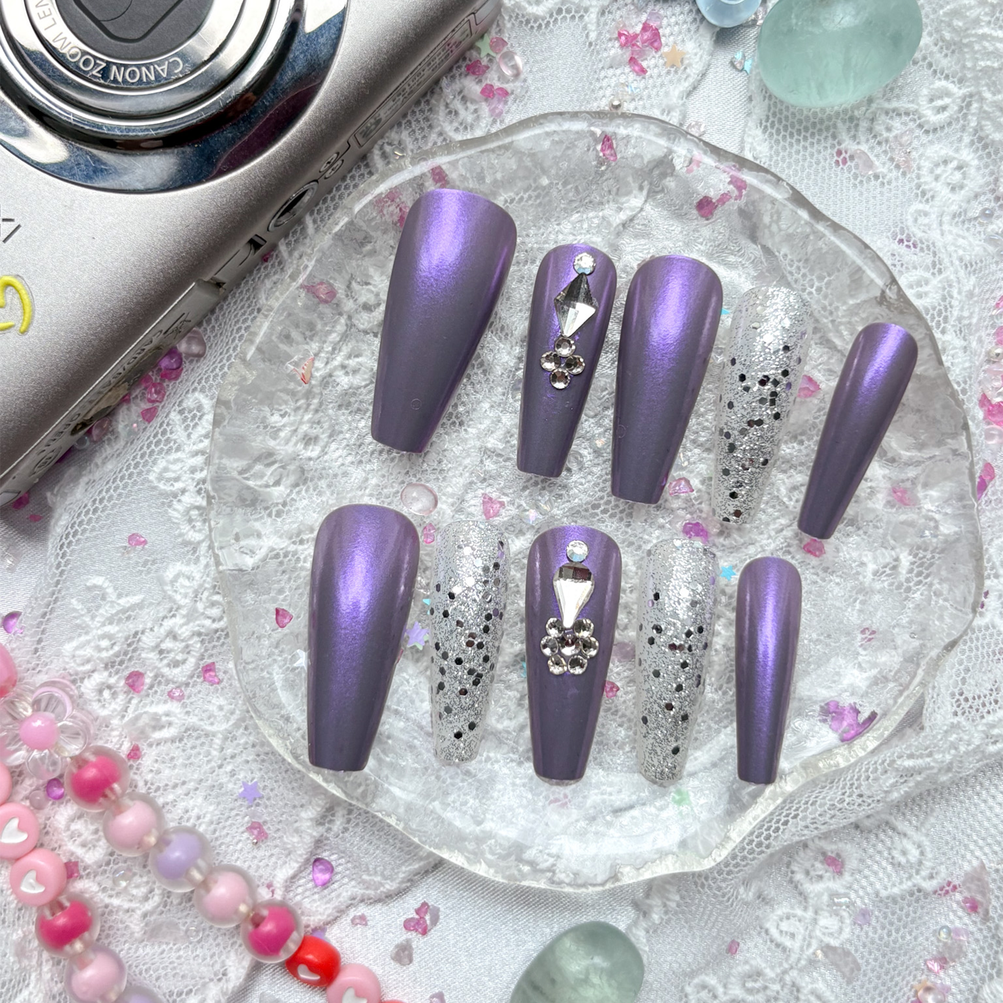 Press-On Nails – Purple Glitter Coffin with Rhinestone Accents | Non-Custom Handmade Nail Art | Wynzy Pops Nails