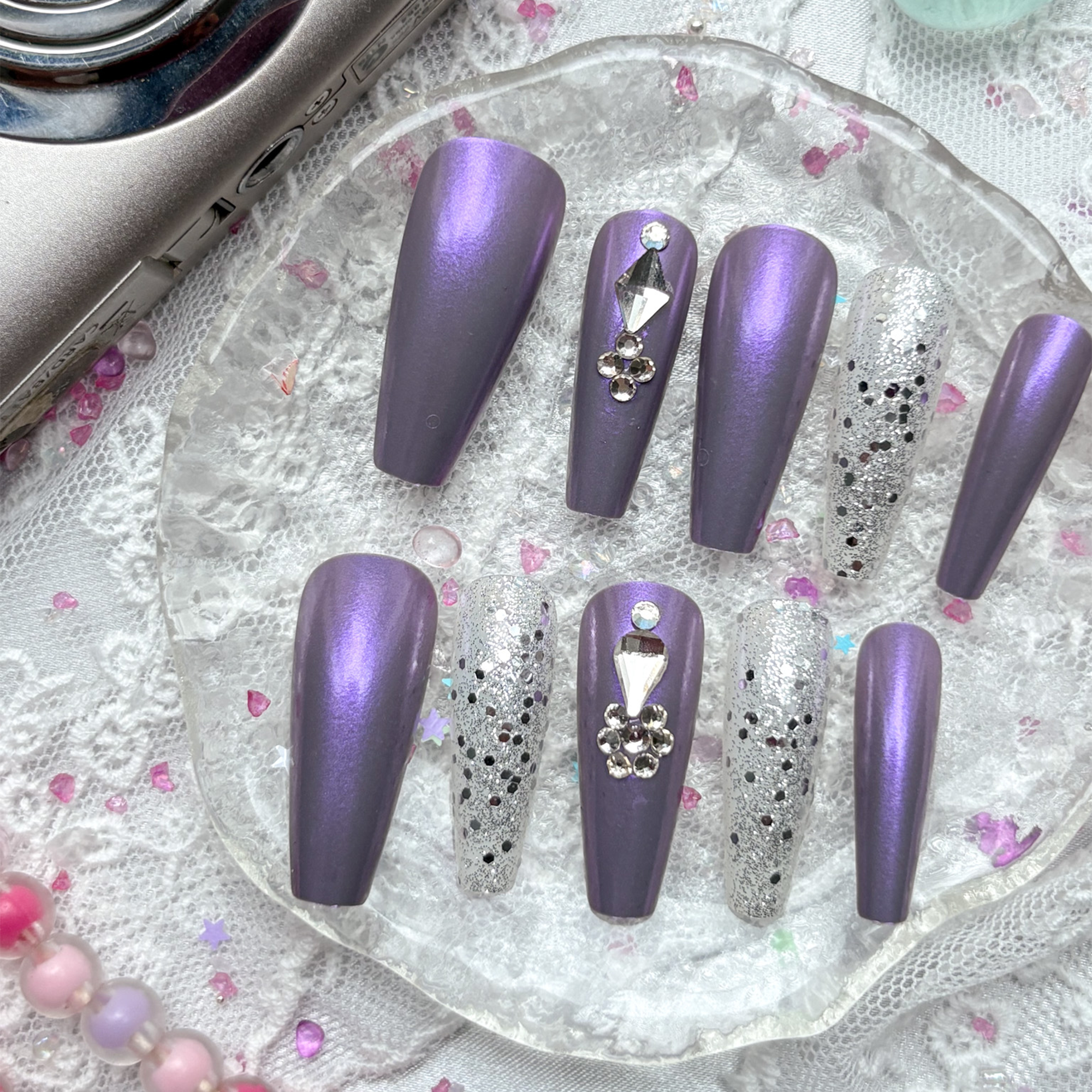 Press-On Nails – Purple Glitter Coffin with Rhinestone Accents | Non-Custom Handmade Nail Art | Wynzy Pops Nails