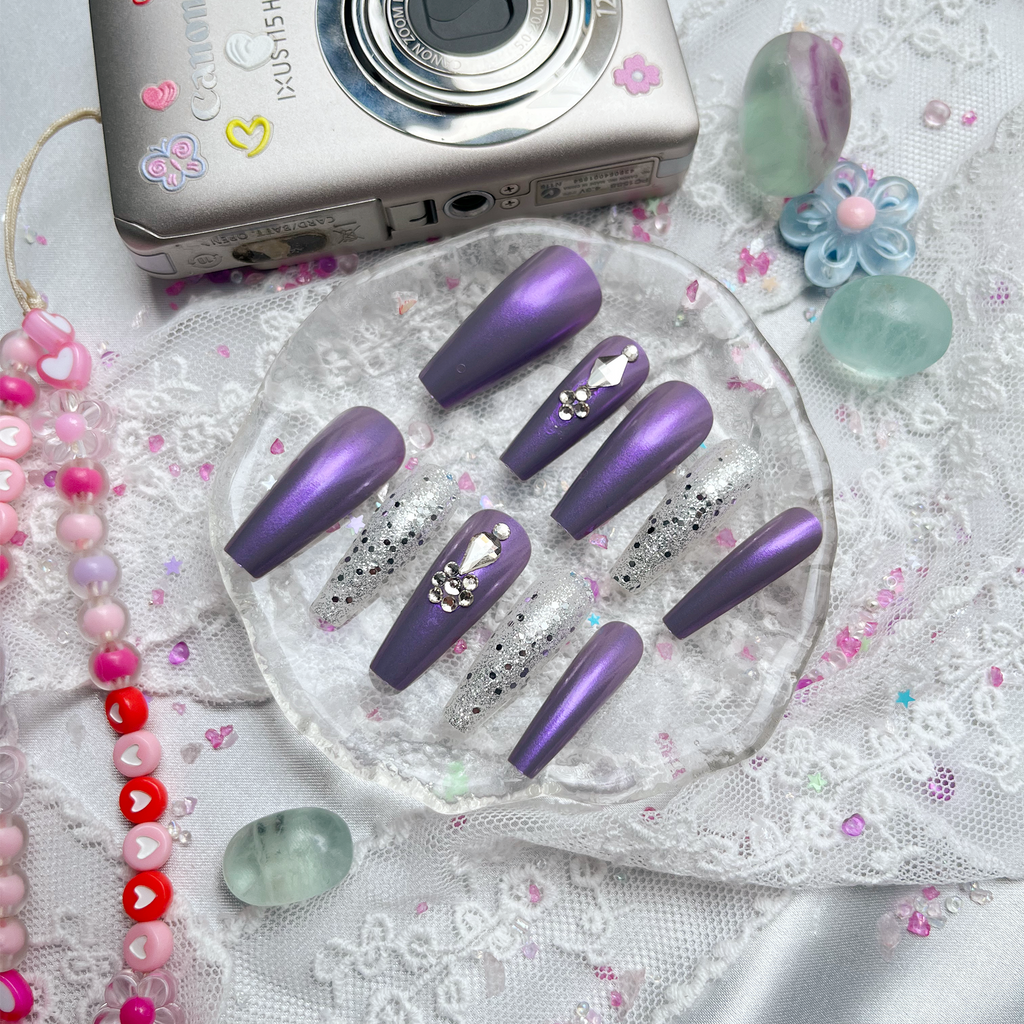 Press-On Nails – Purple Glitter Coffin with Rhinestone Accents | Non-Custom Handmade Nail Art | Wynzy Pops Nails