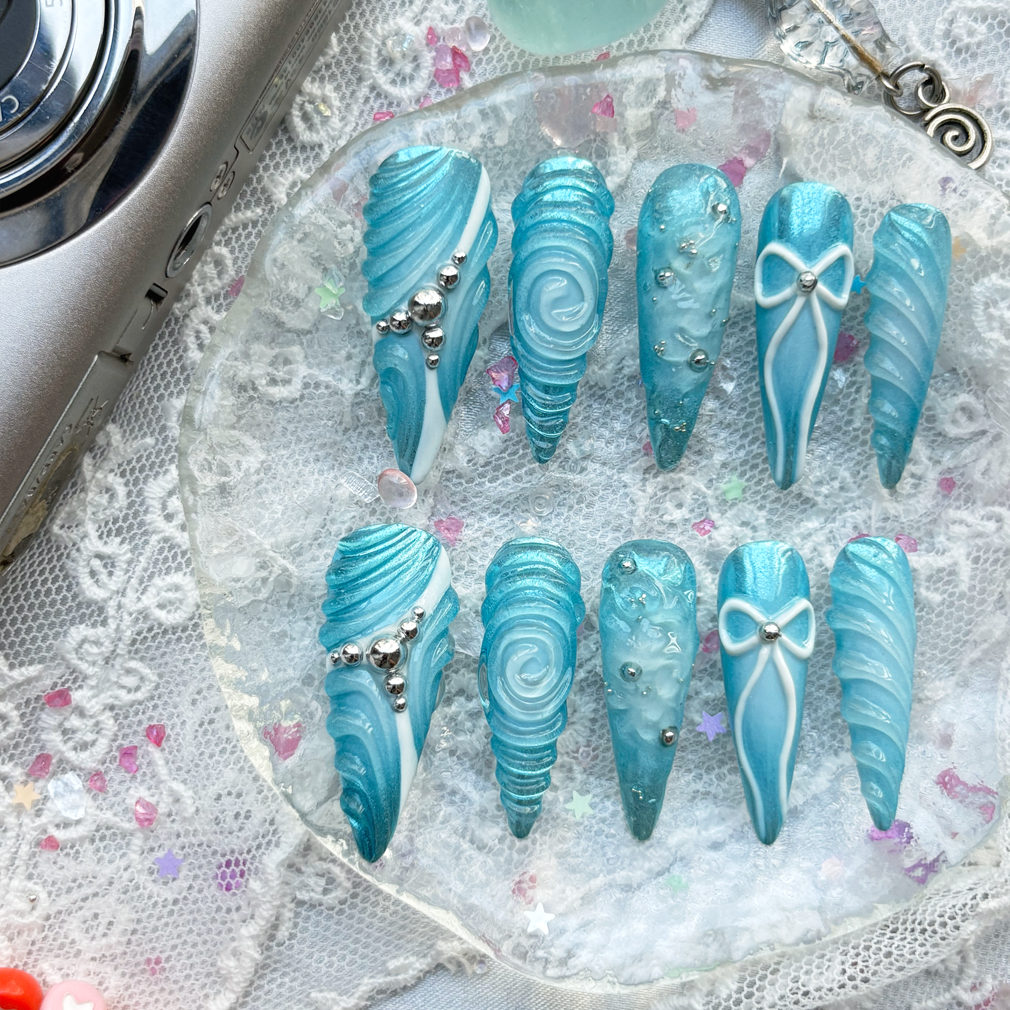 Custom Press-On Nails – Blue Ocean 3D Stiletto with Bow & Y2K Nail Art | Wynzy Pops Nails