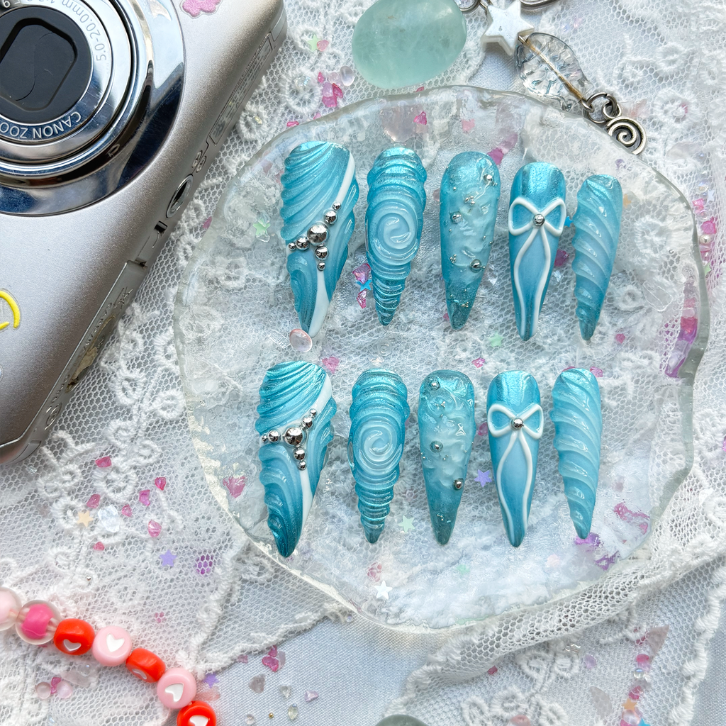 Custom Press-On Nails – Blue Ocean 3D Stiletto with Bow & Y2K Nail Art | Wynzy Pops Nails