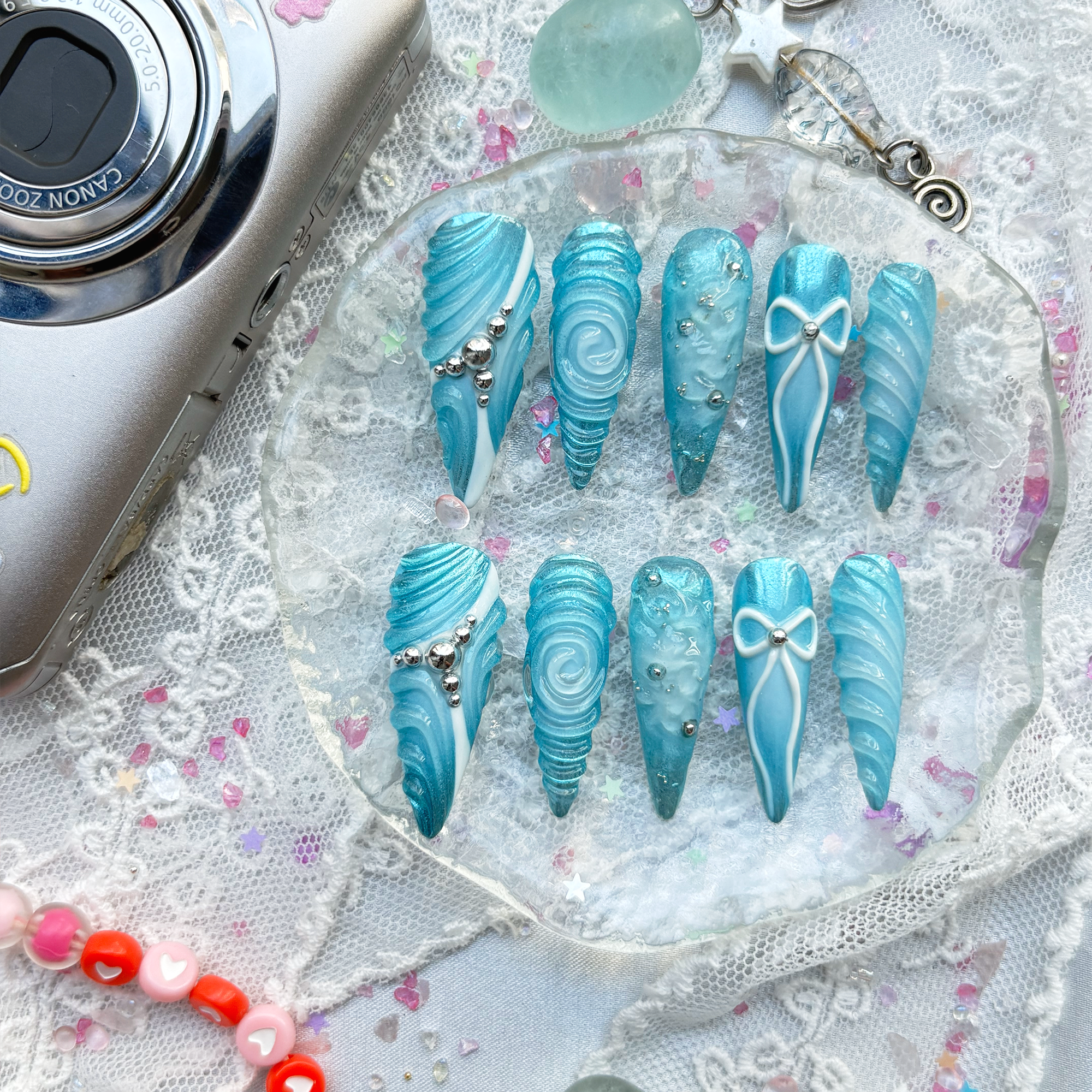 Custom Press-On Nails – Blue Ocean 3D Stiletto with Bow & Y2K Nail Art | Wynzy Pops Nails
