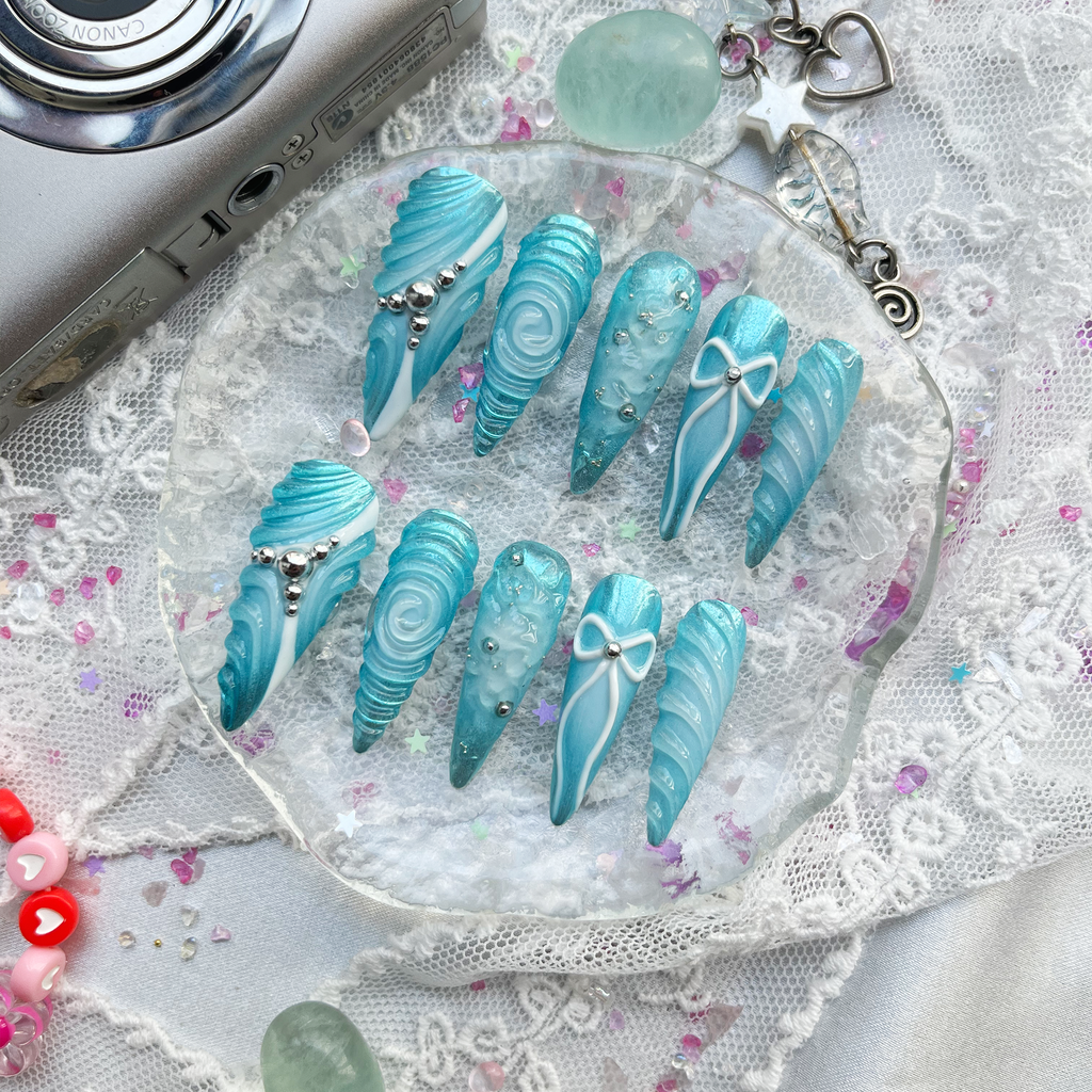 Custom Press-On Nails – Blue Ocean 3D Stiletto with Bow & Y2K Nail Art | Wynzy Pops Nails