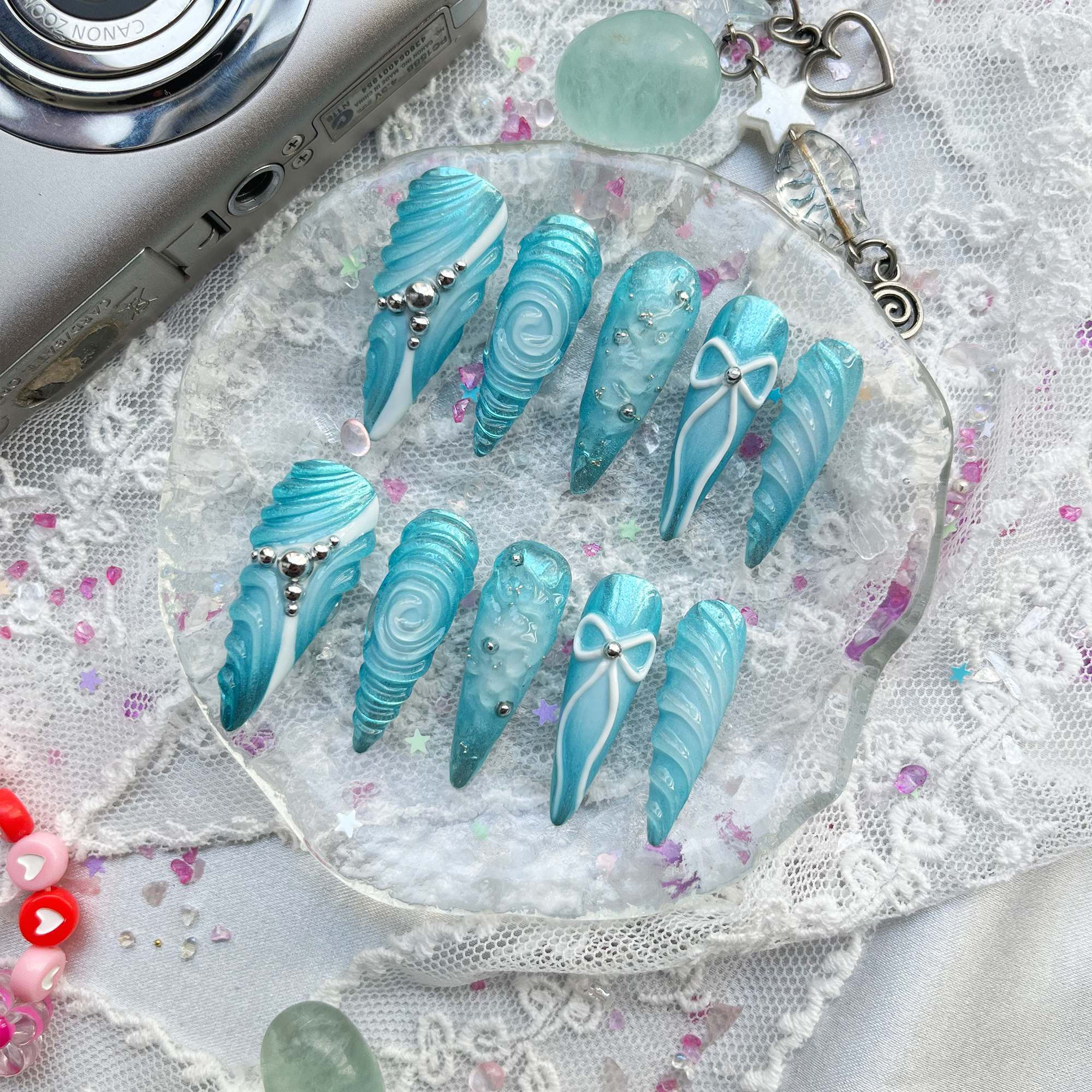 Custom Press-On Nails – Blue Ocean 3D Stiletto with Bow & Y2K Nail Art | Wynzy Pops Nails