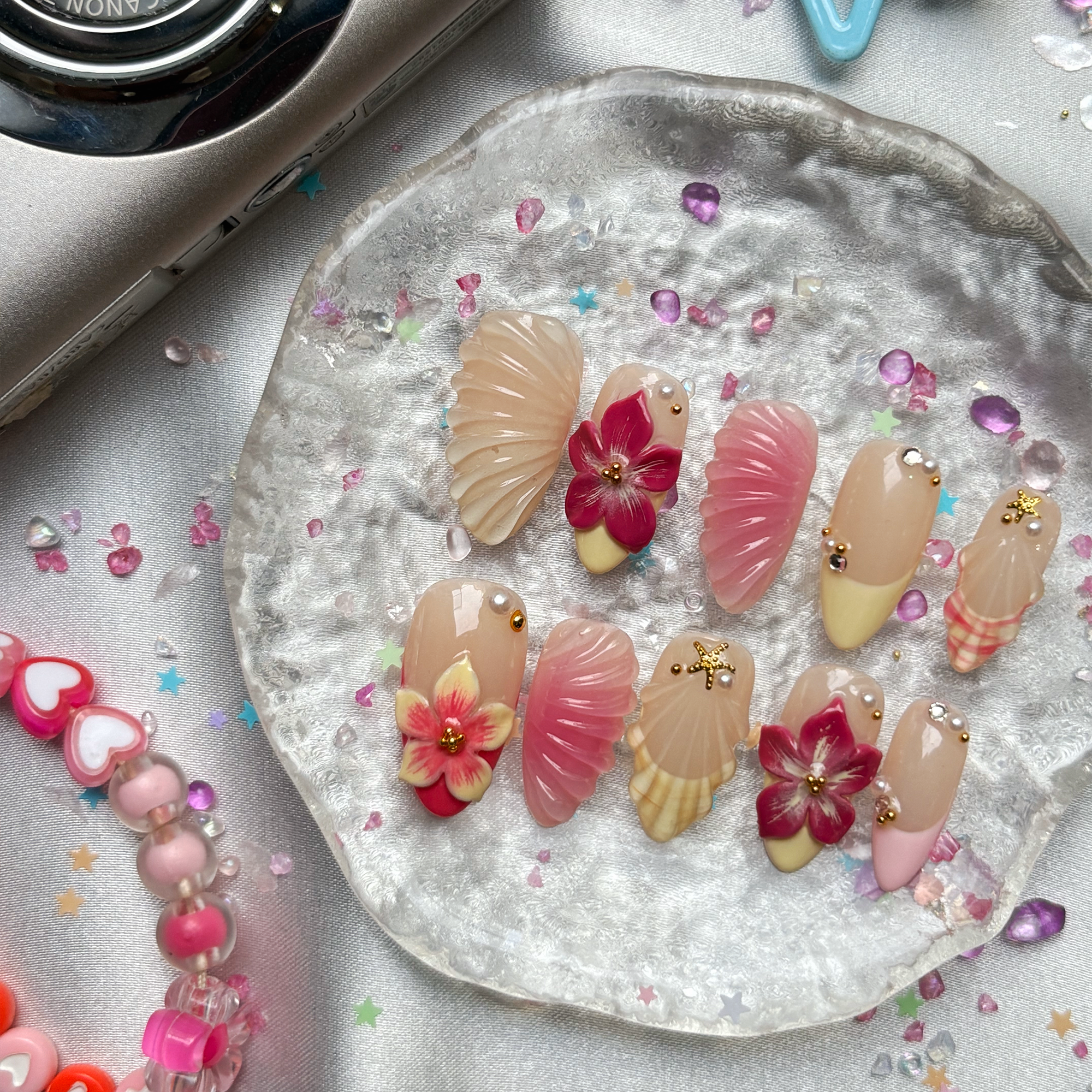 Custom Press-On Nails – Tropical 3D Flowers & Seashell Tips | Wynzy Pops Nails