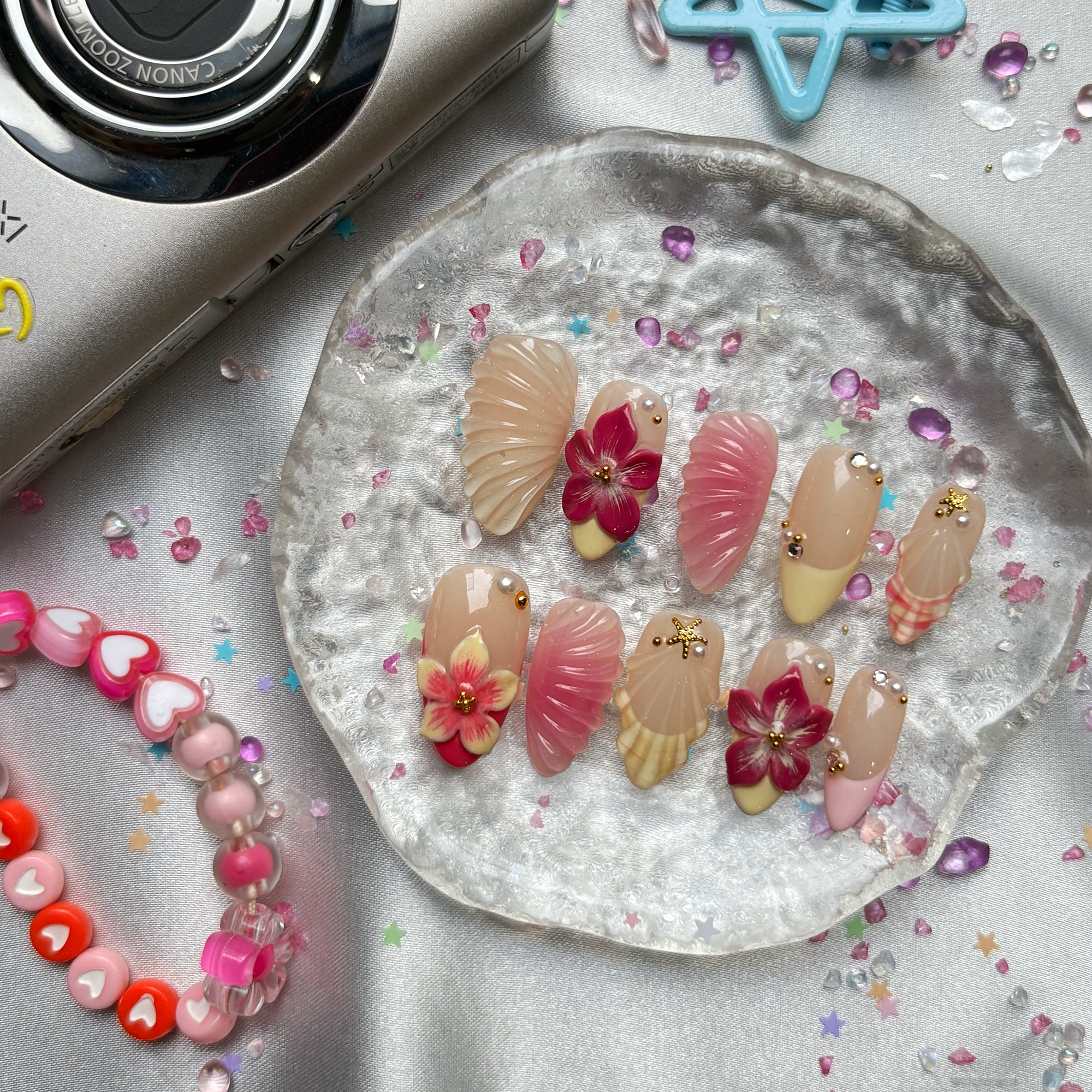 Custom Press-On Nails – Tropical 3D Flowers & Seashell Tips | Wynzy Pops Nails