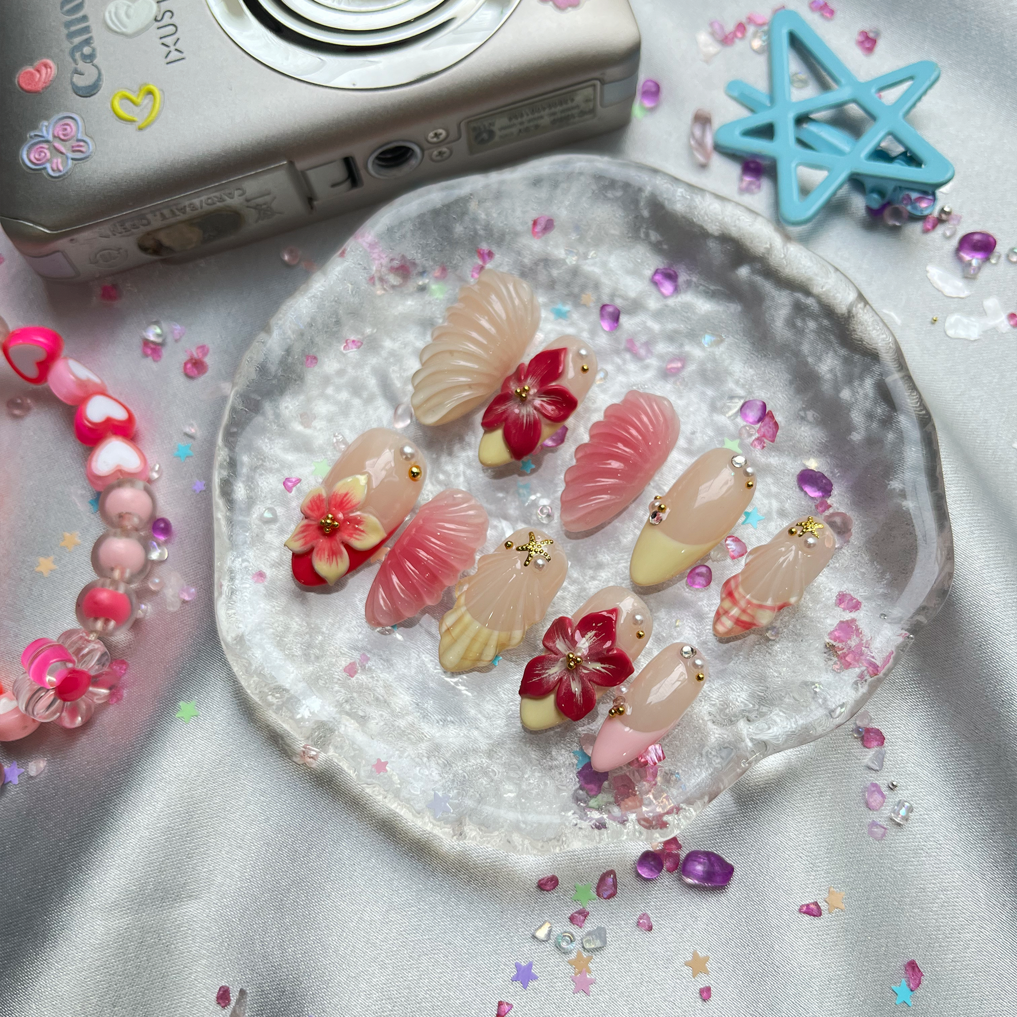 Custom Press-On Nails – Tropical 3D Flowers & Seashell Tips | Wynzy Pops Nails