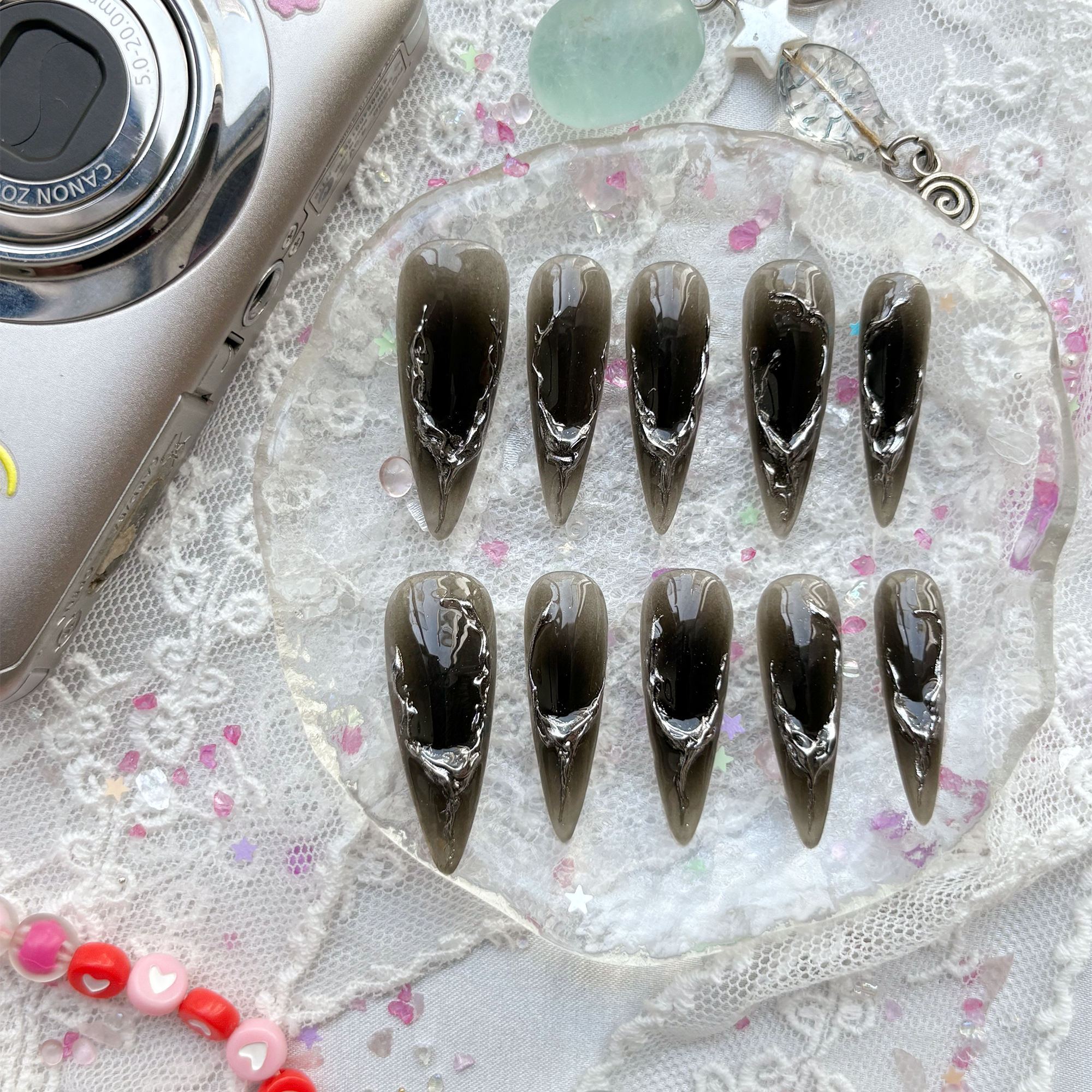 Custom Gothic Stiletto Press-On Nails – Black with 3D Silver Veins | Handmade Dramatic Nail Art Set