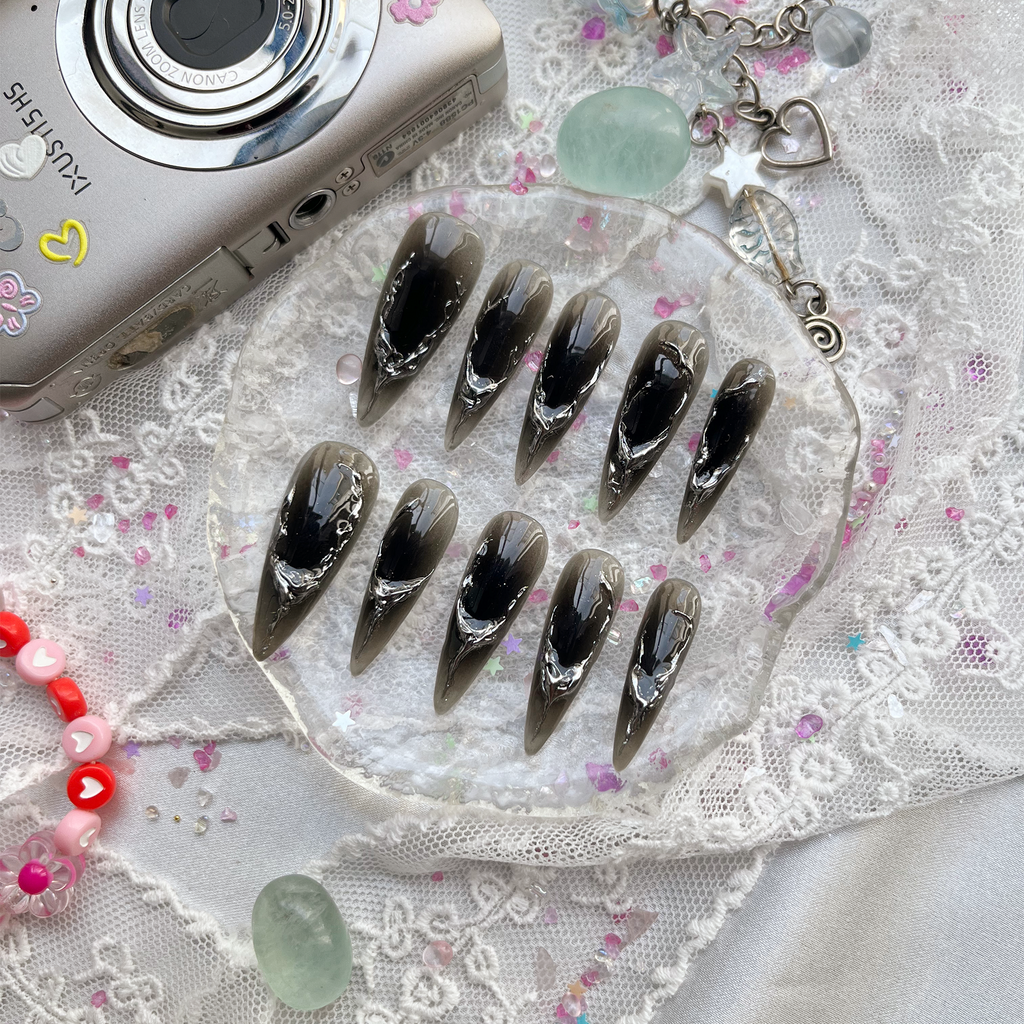 Custom Press-On Nails – Black Stiletto with Silver Metallic 3D Vein Design | Gothic Luxury Nail Art | Wynzy Pops Nails