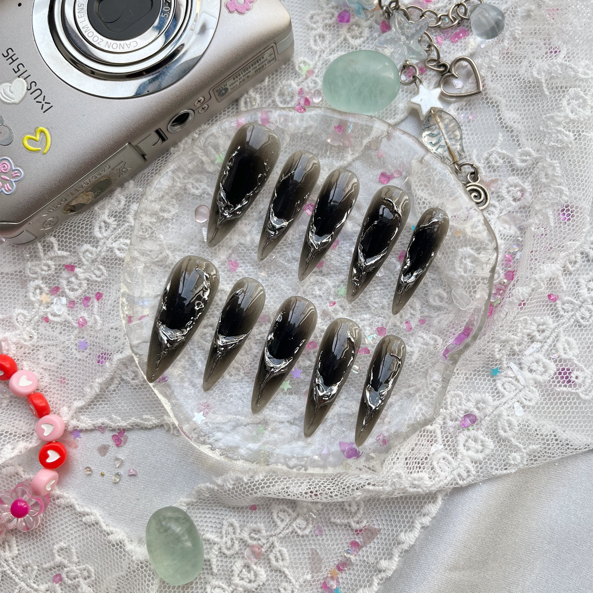 Custom Press-On Nails – Black Stiletto with Silver Metallic 3D Vein Design | Gothic Luxury Nail Art | Wynzy Pops Nails
