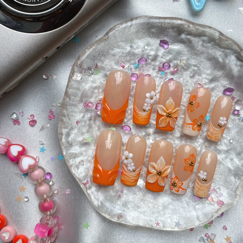 Custom Press-On Nails – Orange French with 3D Floral & Hand-Painted Flowers | Tropical Summer Square Set | Wynzy Pops Nails