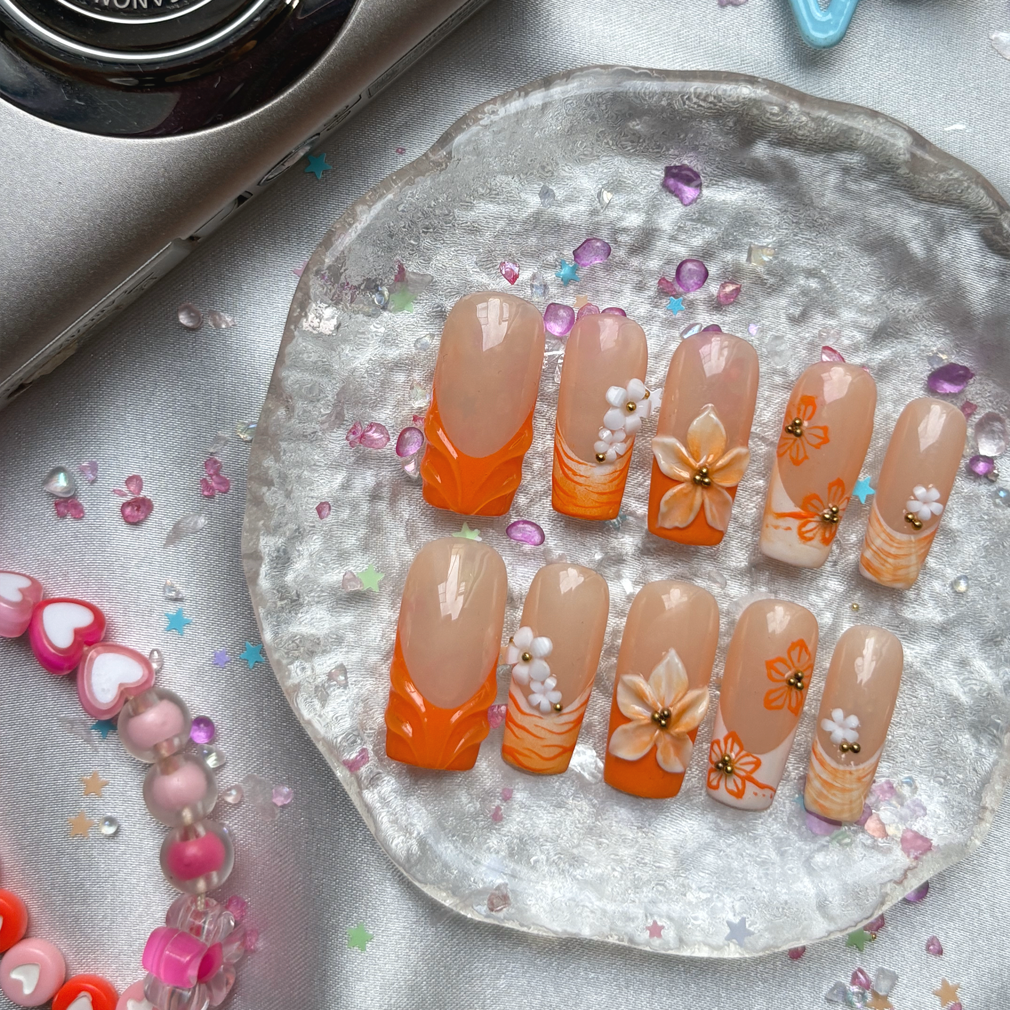 Custom Press-On Nails – Orange French with 3D Floral & Hand-Painted Flowers | Tropical Summer Square Set | Wynzy Pops Nails