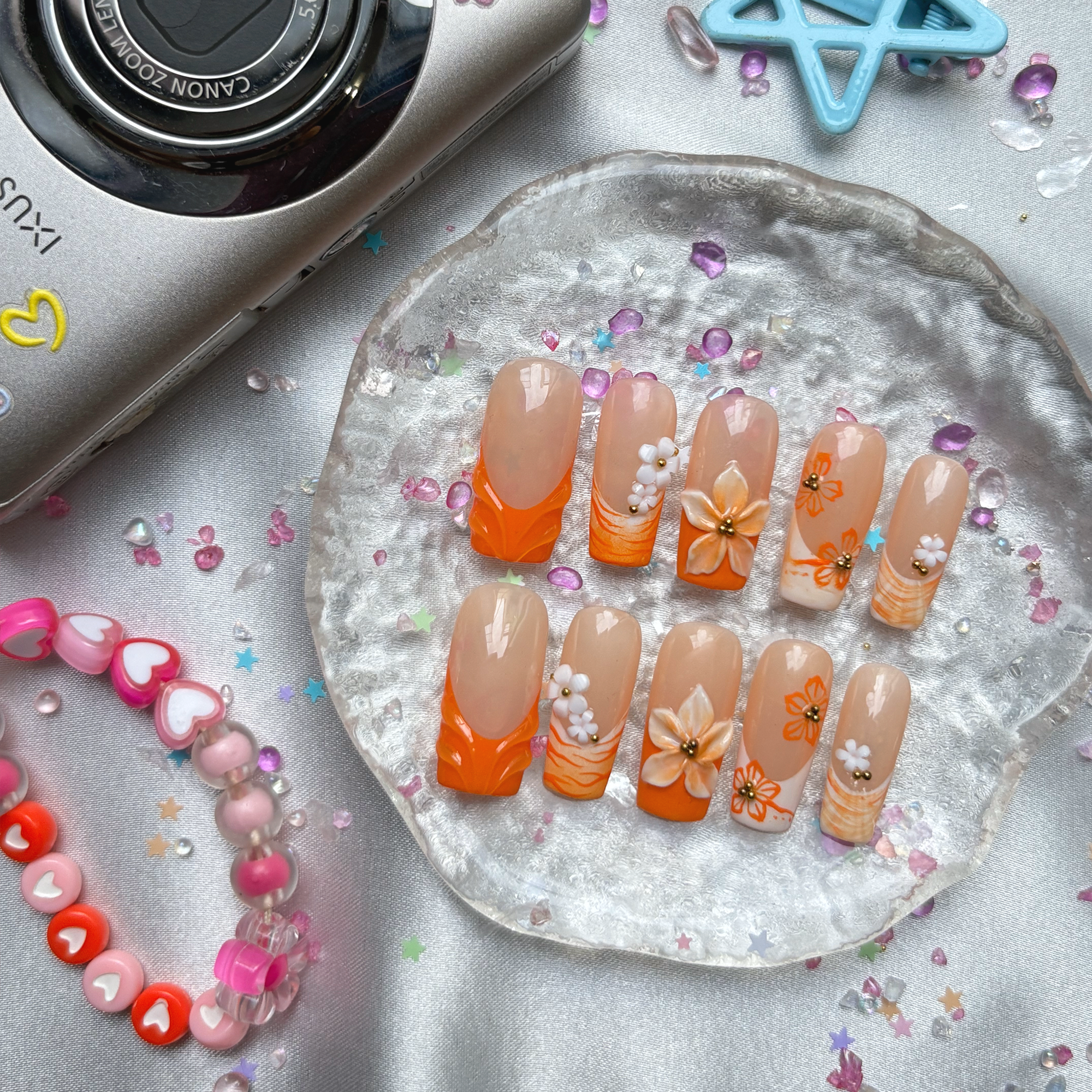 Custom Press-On Nails – Orange French with 3D Floral & Hand-Painted Flowers | Tropical Summer Square Set | Wynzy Pops Nails